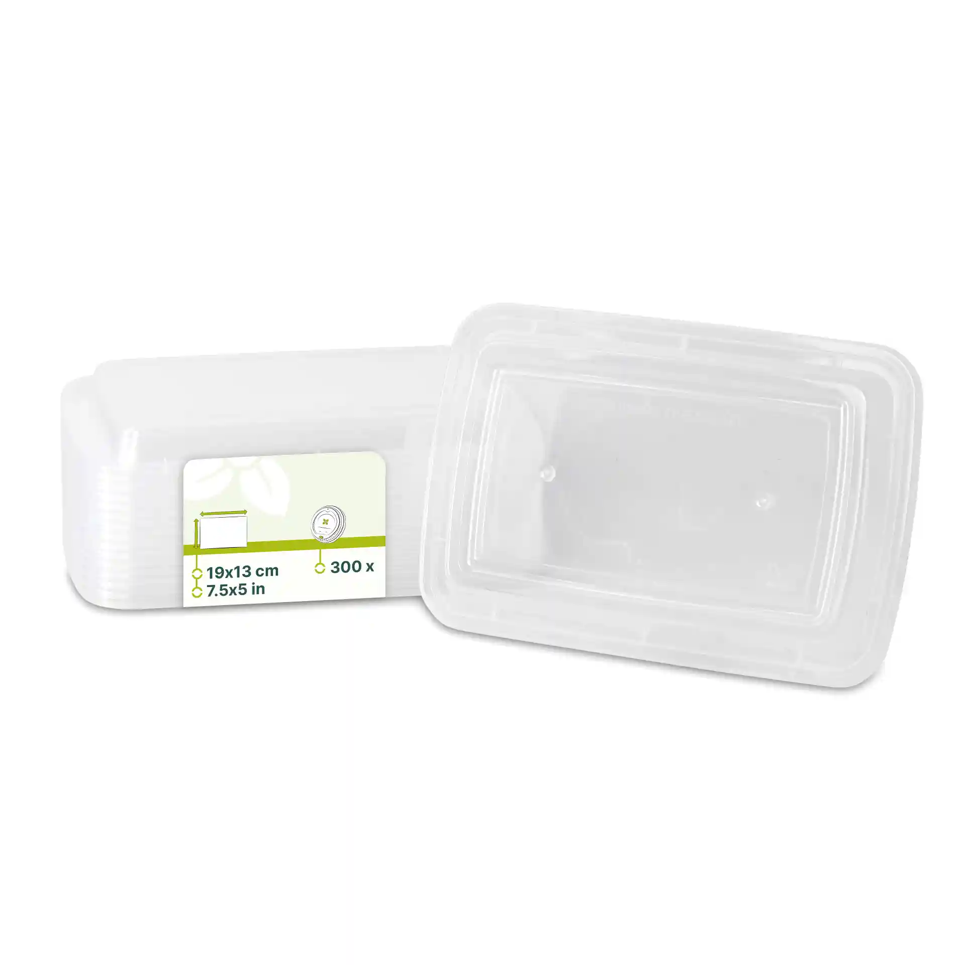 Coperchio rettangolare trasparente riutilizzabile in polipropilene, dimensioni 19x13 cm.