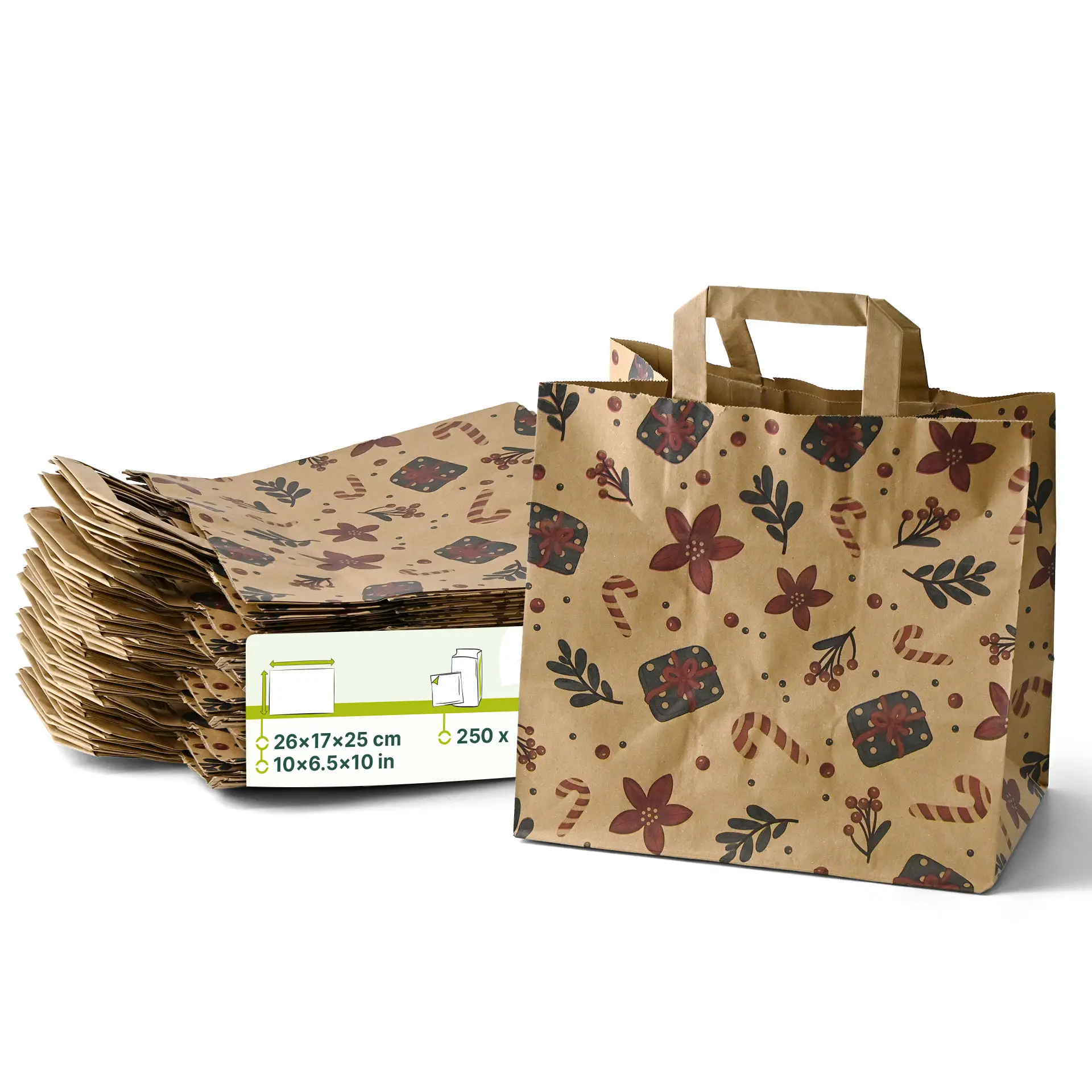 Braune Papiertasche mit Winterdesign, Maße 26x17x25 cm, mit mehreren gestapelten Taschen im Hintergrund.