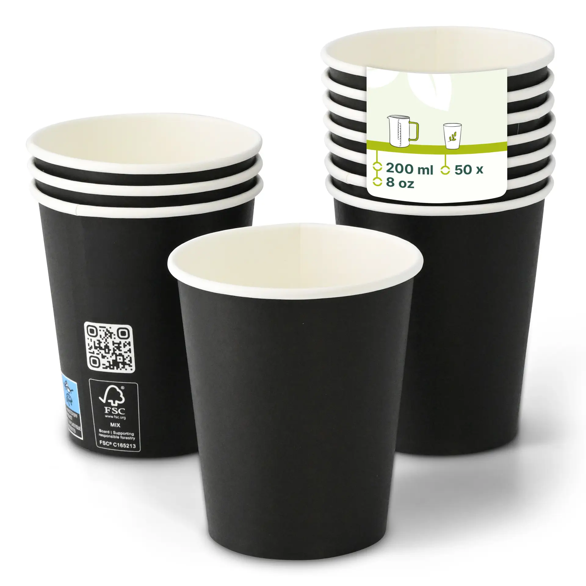 Pappbecher 200 ml / 8 oz, Ø 80 mm, einwandig, schwarz, PLA-beschichtet