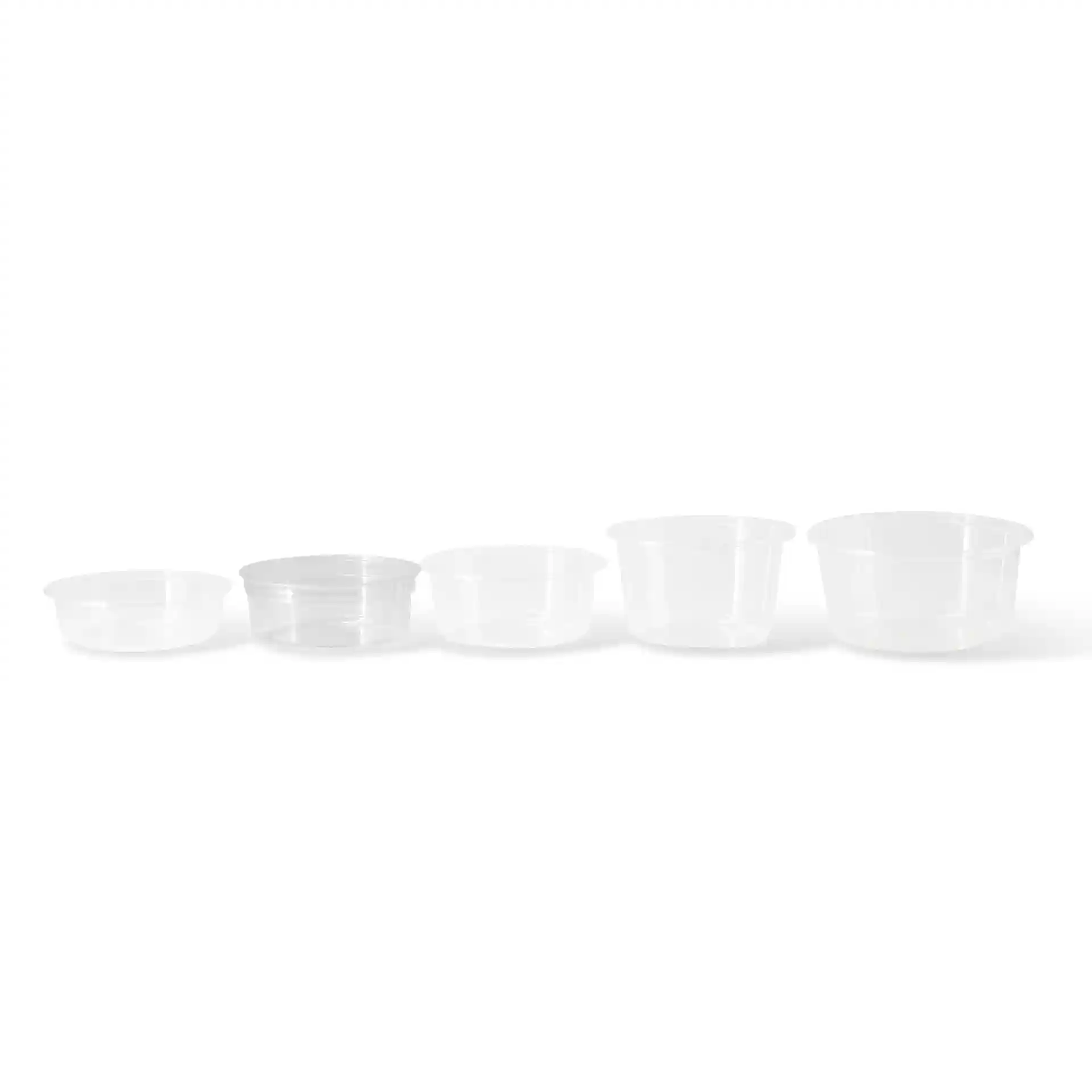 Set di cinque contenitori rotondi trasparenti di diverse dimensioni, il più grande misura 117 mm di diametro.