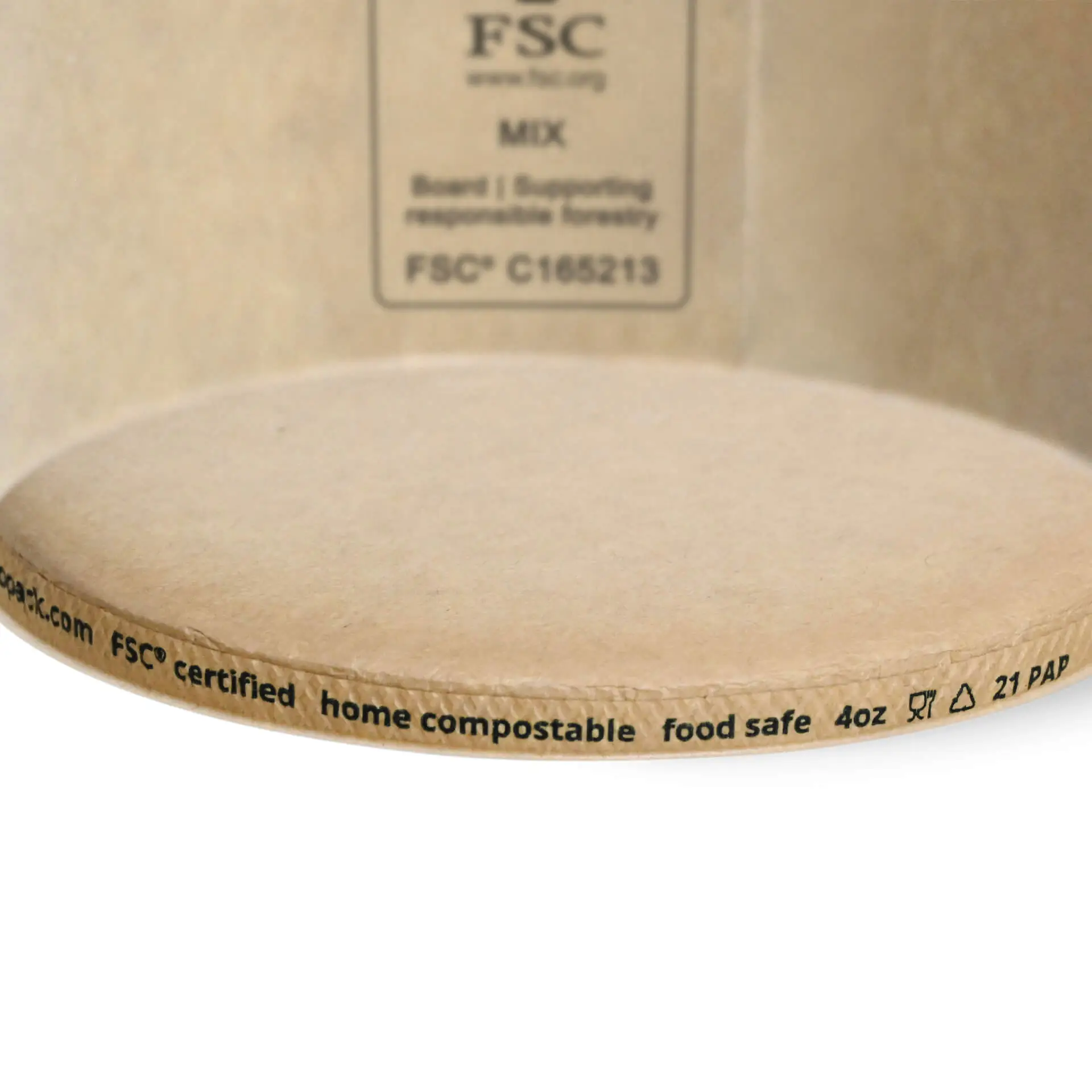 Coppa gelato in carta rivestita da 4 oz marrone con marchi di certificazione FSC e etichetta sicura per alimenti. Ideale per dessert da asporto.