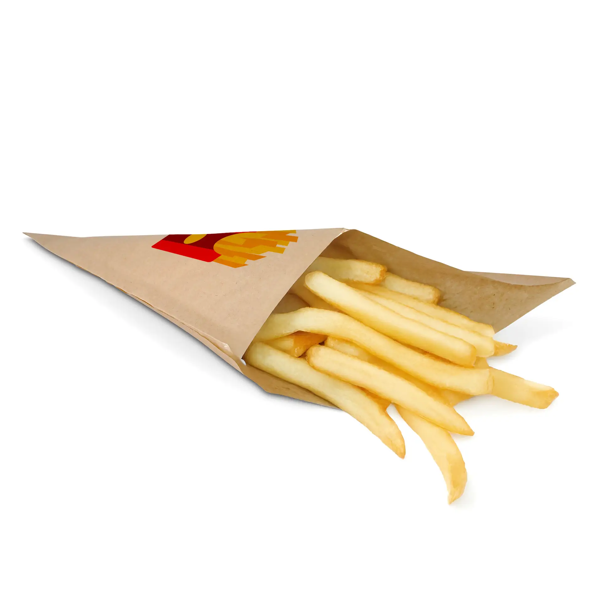 Sac en papier imprimé rempli de frites, avec un design de logo, posé sur un fond blanc.