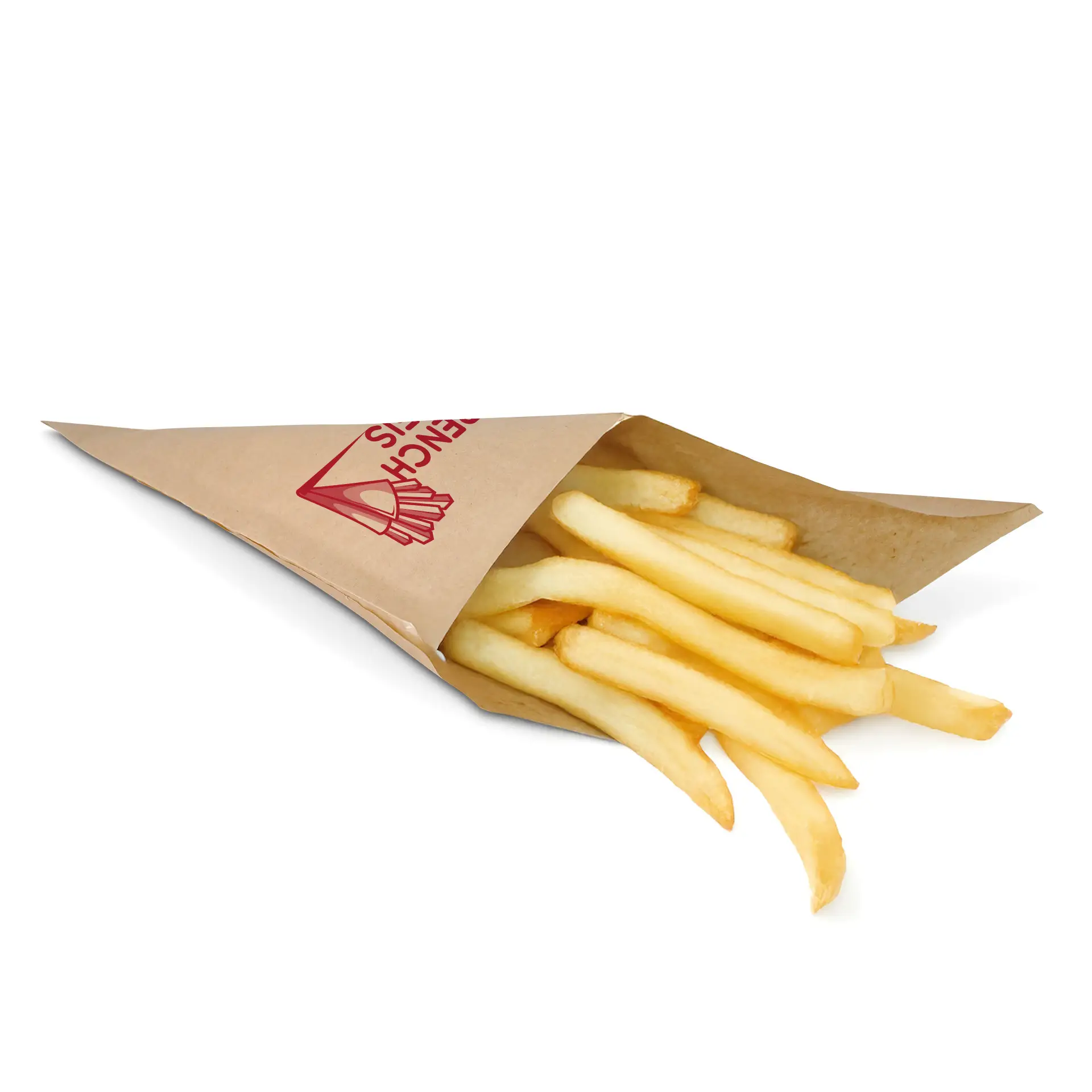 Cono di carta stampato riempito di patatine fritte, con un design del logo, posato su uno sfondo bianco.