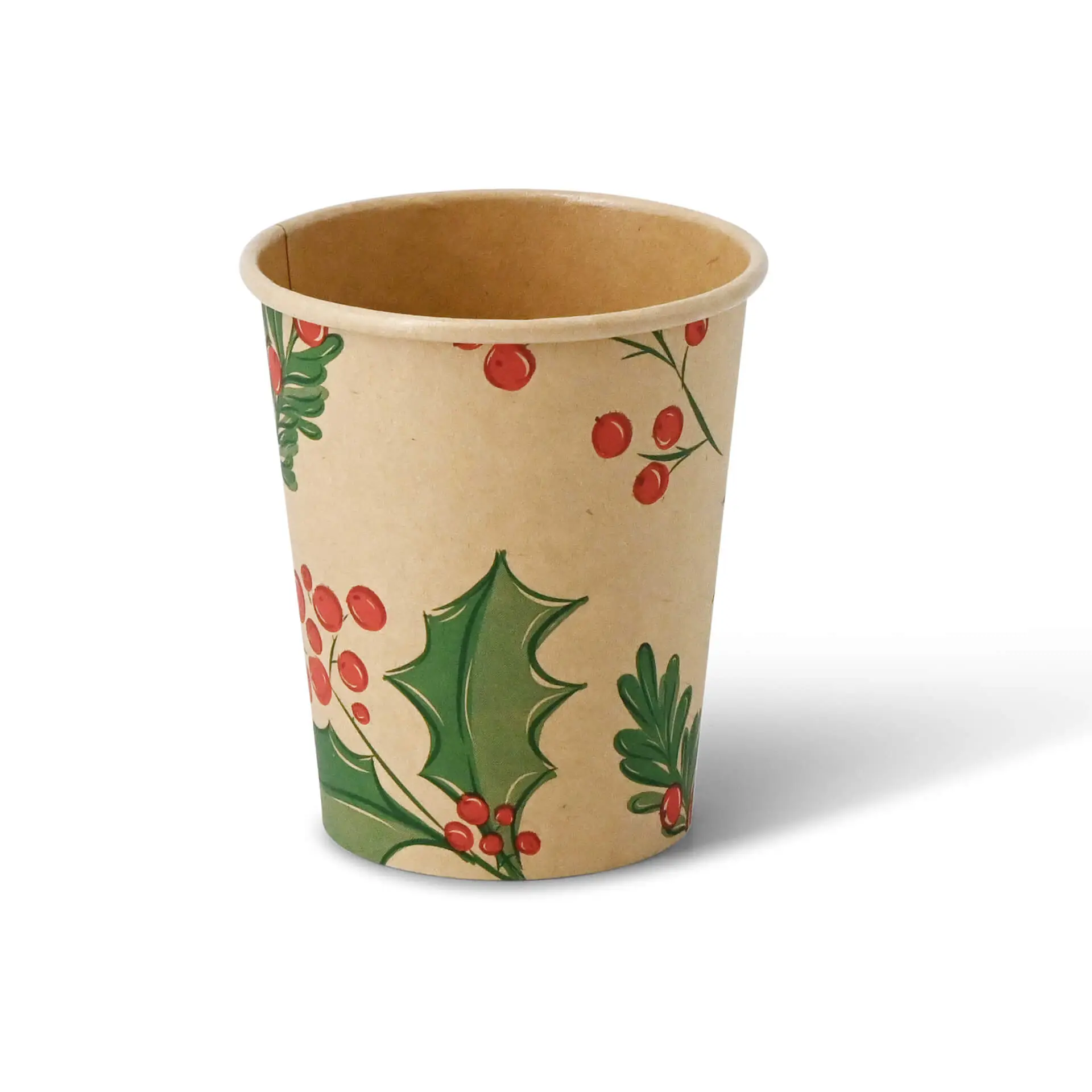 Gobelet en carton marron avec un design d'hiver imprimé représentant du houx et des baies, capacité de 8 oz.