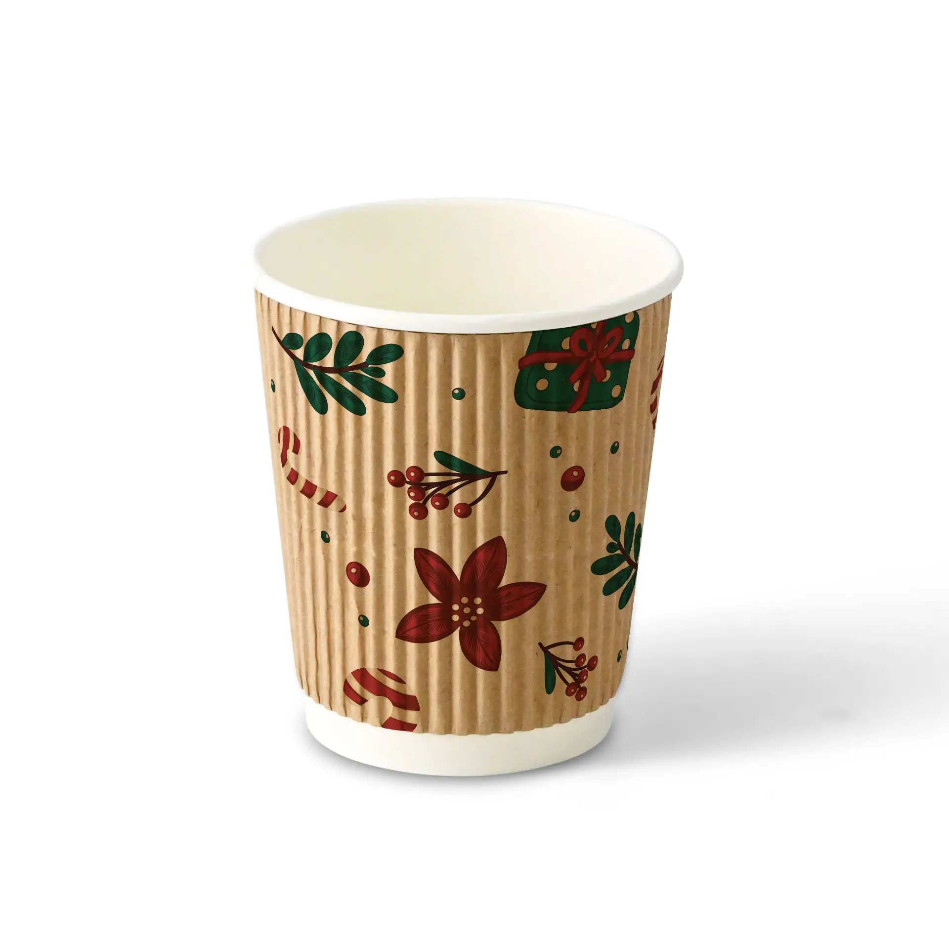 Brauner Wellbecher mit Winterdesign, 200 ml Fassungsvermögen, mit floralen und festlichen Mustern.