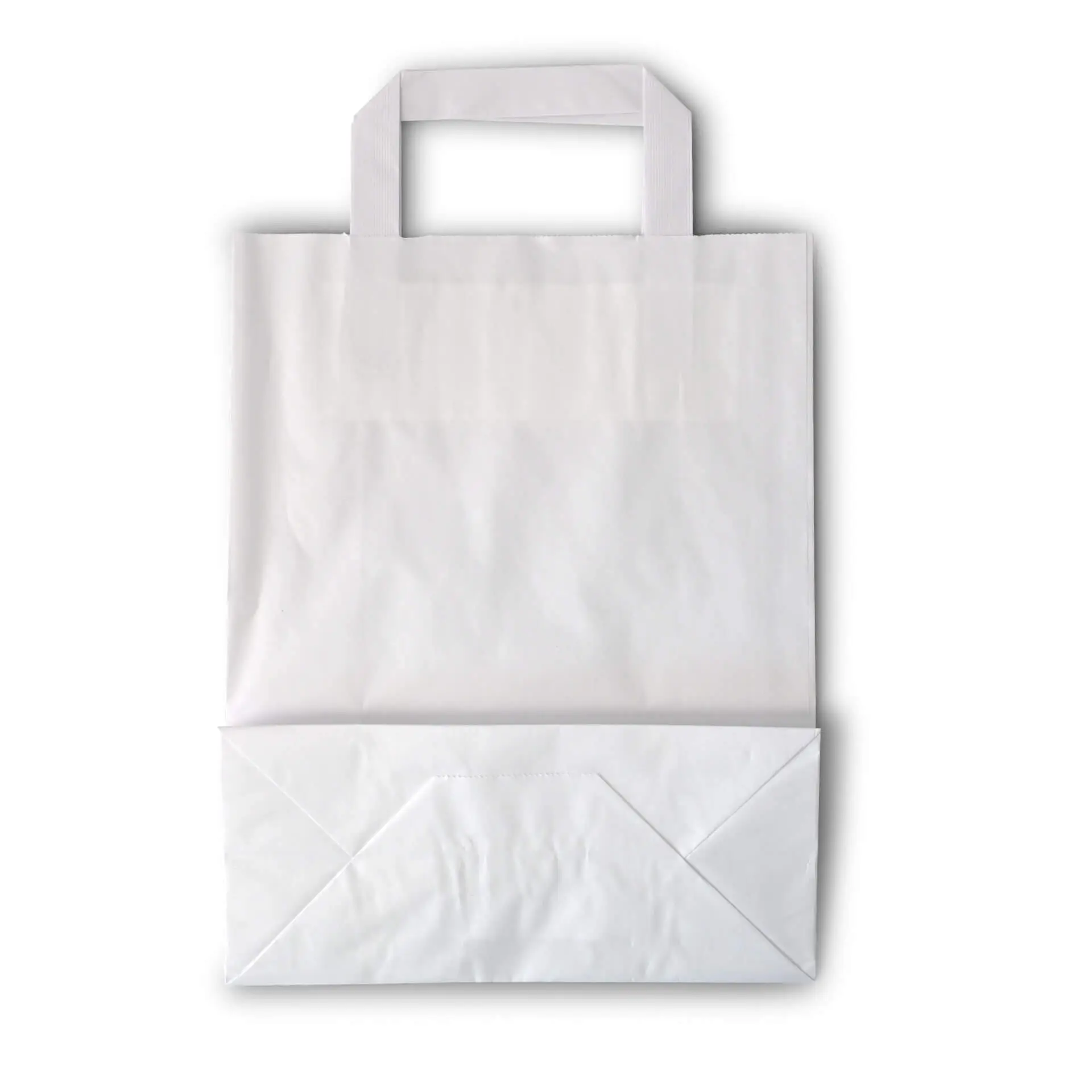 Sac en papier blanc; résistant à la déchirure avec un fond plat et un dessus ouvert; conçu pour les courses et les aliments.