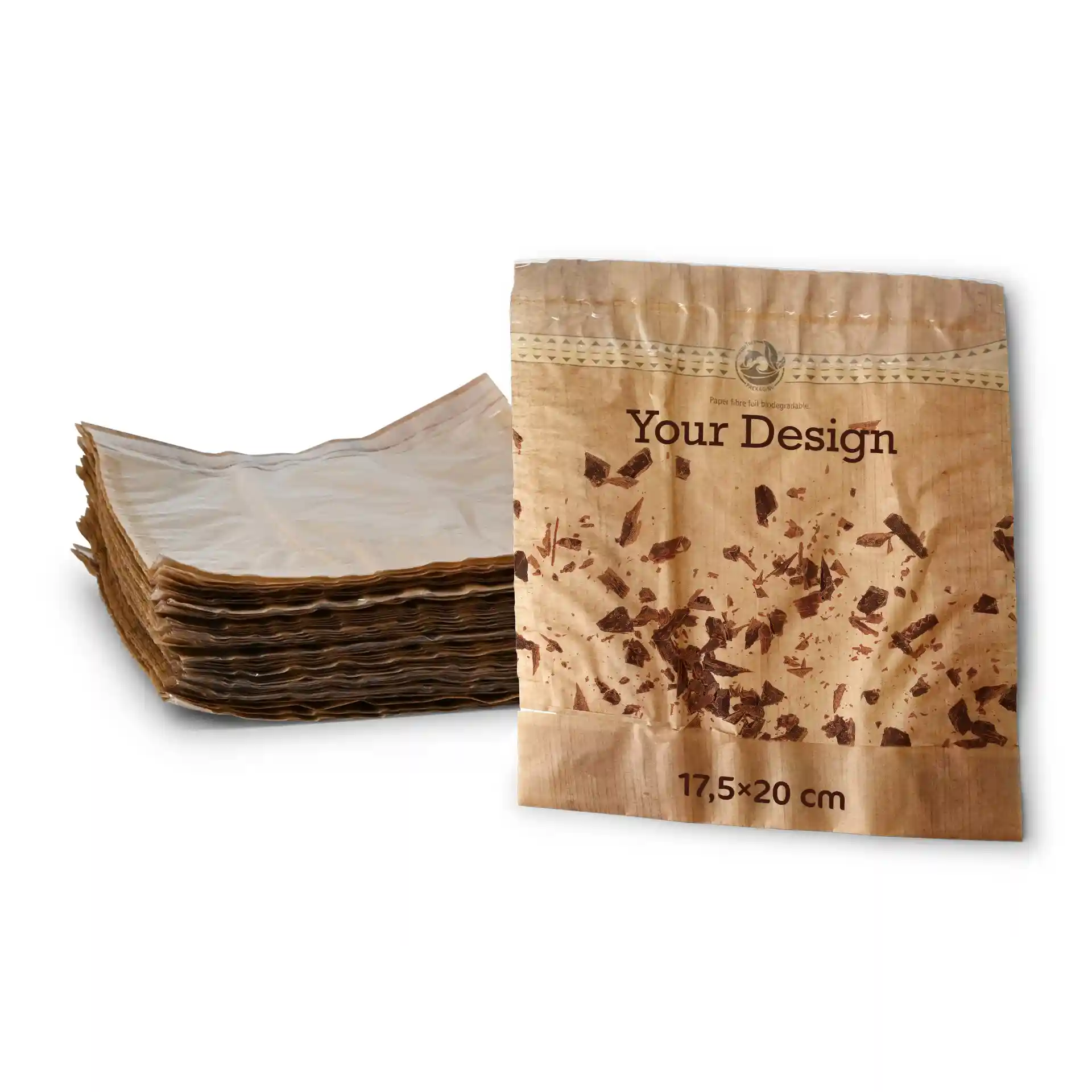 Sachets snack personnalisés, 17,5 x 20 cm, brun, avec fenêtre transparente & fermeture adhésive