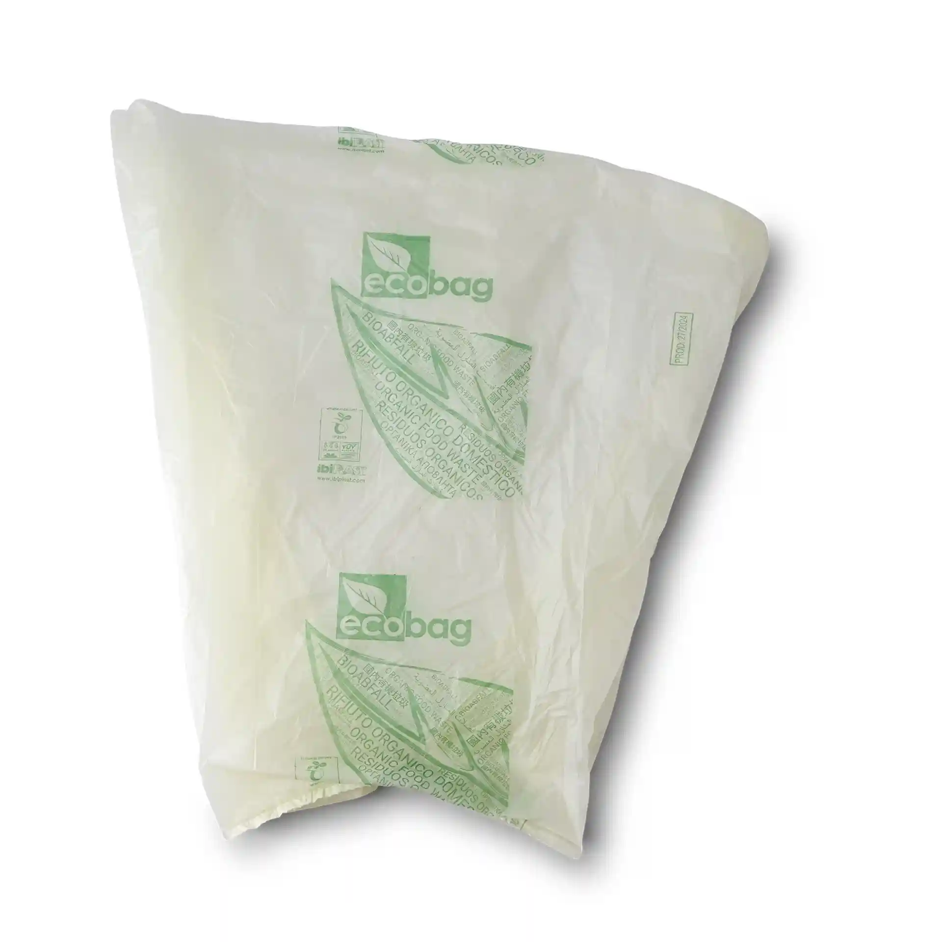 Sacchetto bio trasparente in materiale PLA, misura 42x42 cm, con marcature verdi stampate.