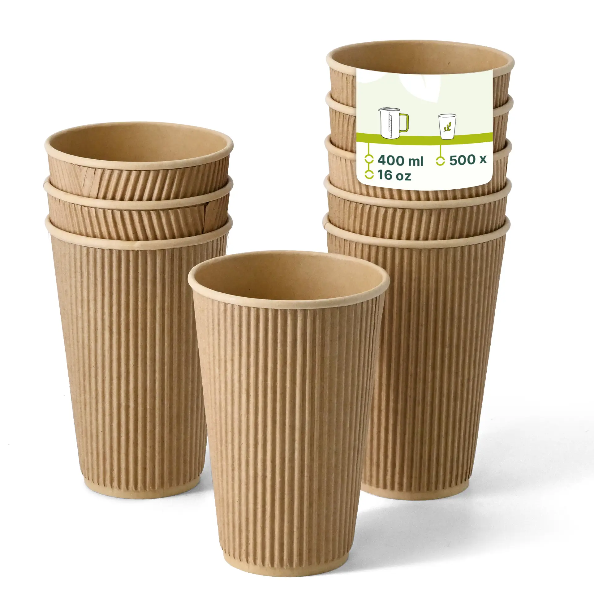 Gobelets en papier isolés bruns à motif nervuré, avec une étiquette portant les détails du produit.