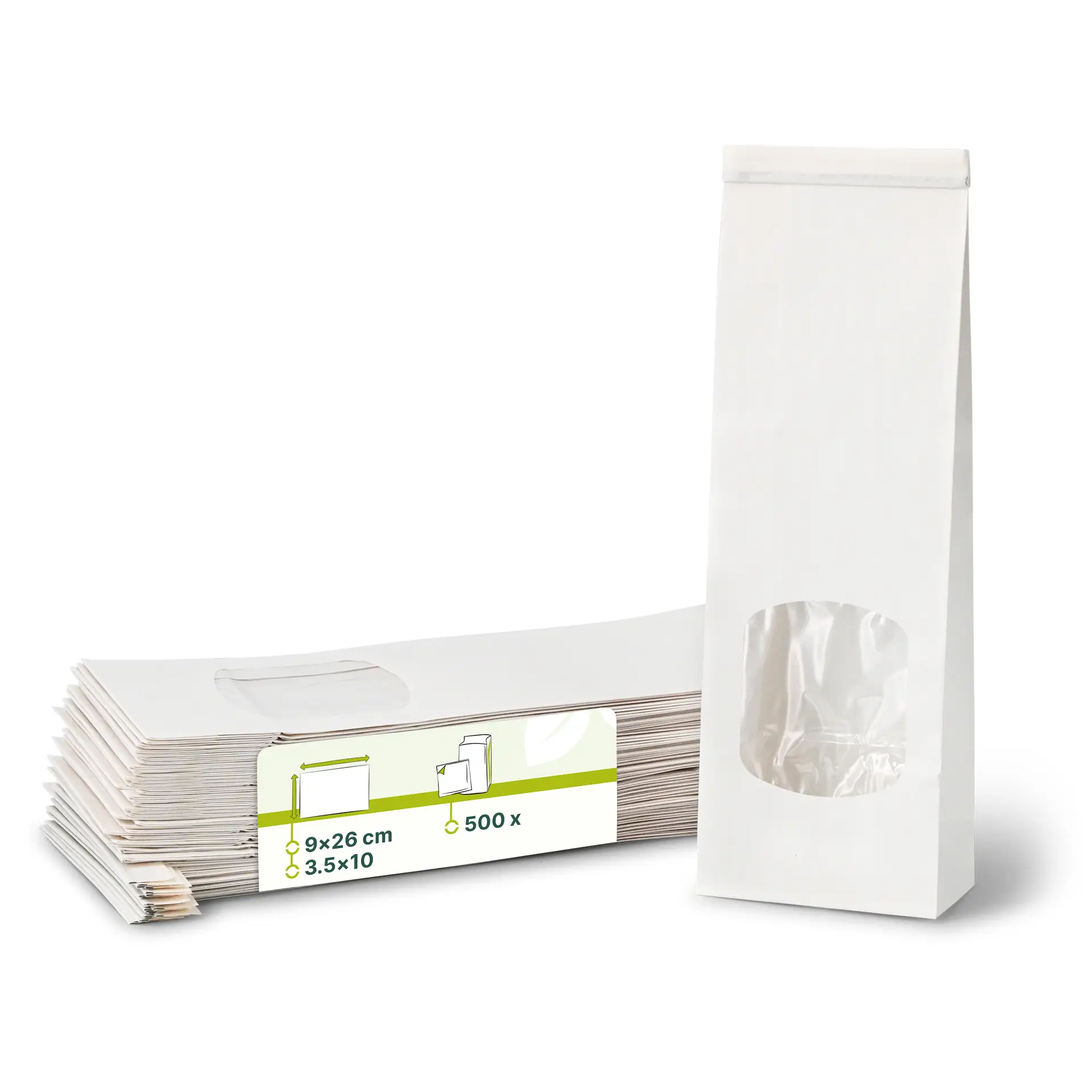 Sac SOS kraft blanc S, fenêtre PP et fermeture, 9 x 4,5 x 26 cm dre02700-blockbeutel-m-fenster-s-9-x-45-x-26-cm-pp-folie-weiss-clipband-kraftpapier