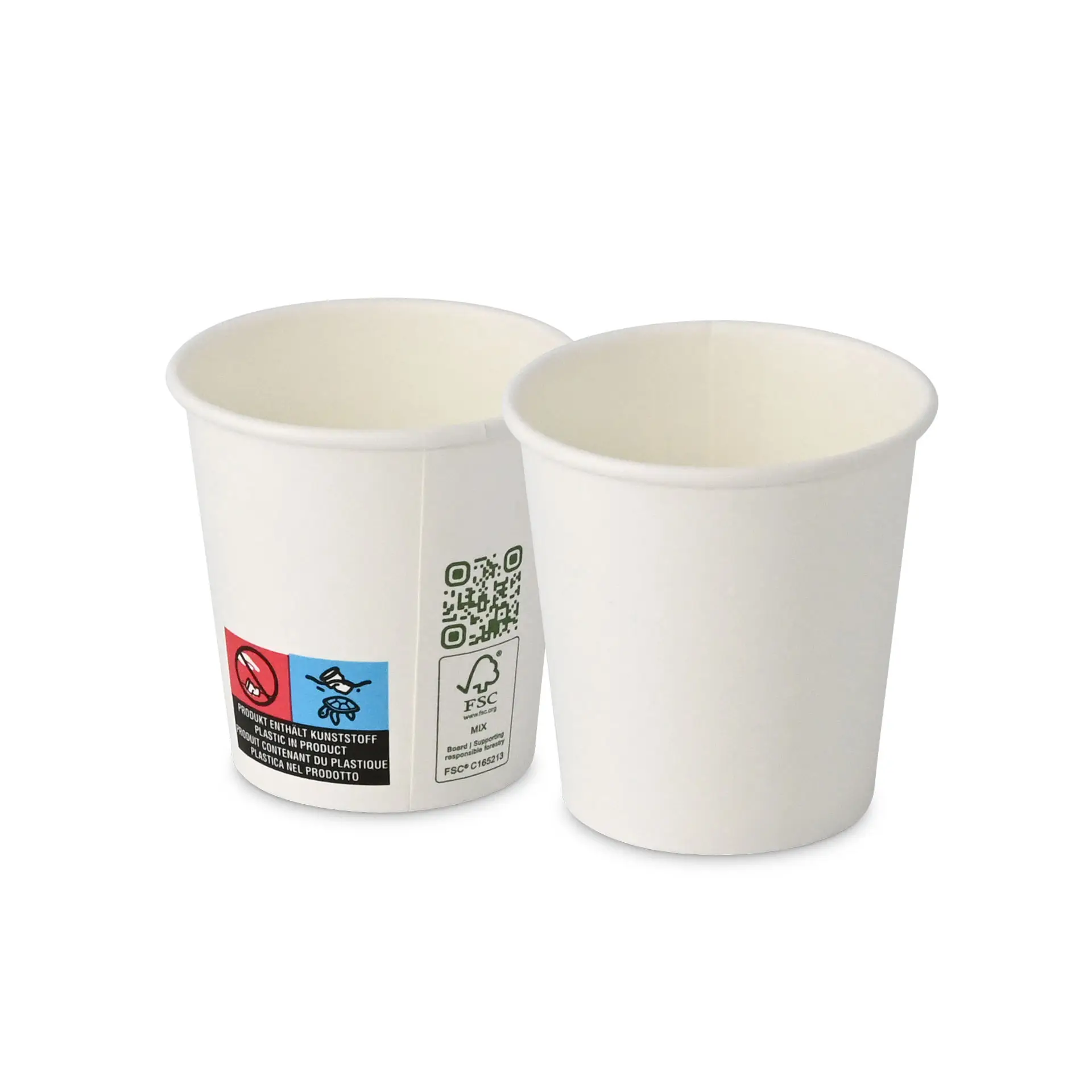 Bicchiere bianco, capacità di 100 ml, parete singola, con un diametro di 62 mm, con etichette e simboli sul lato.