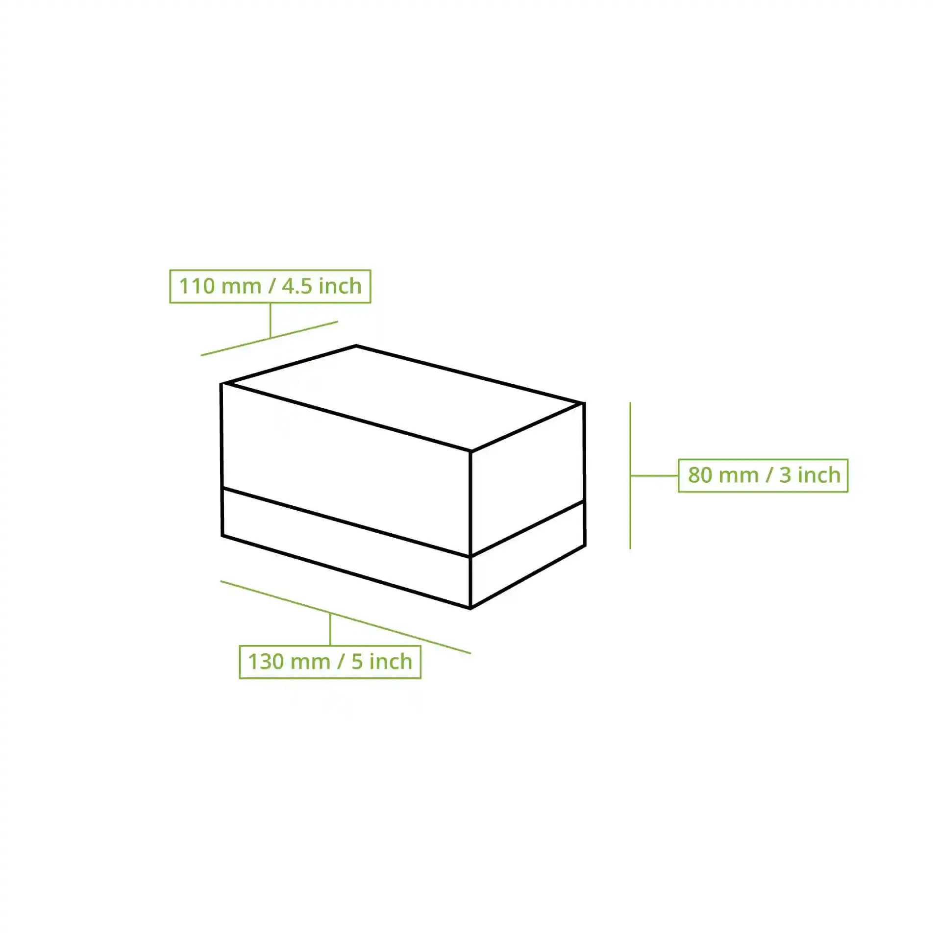 Dessin schématique d'une boîte rectangulaire avec les dimensions étiquetées : 130 mm de longueur, 110 mm de largeur et 80 mm de hauteur.