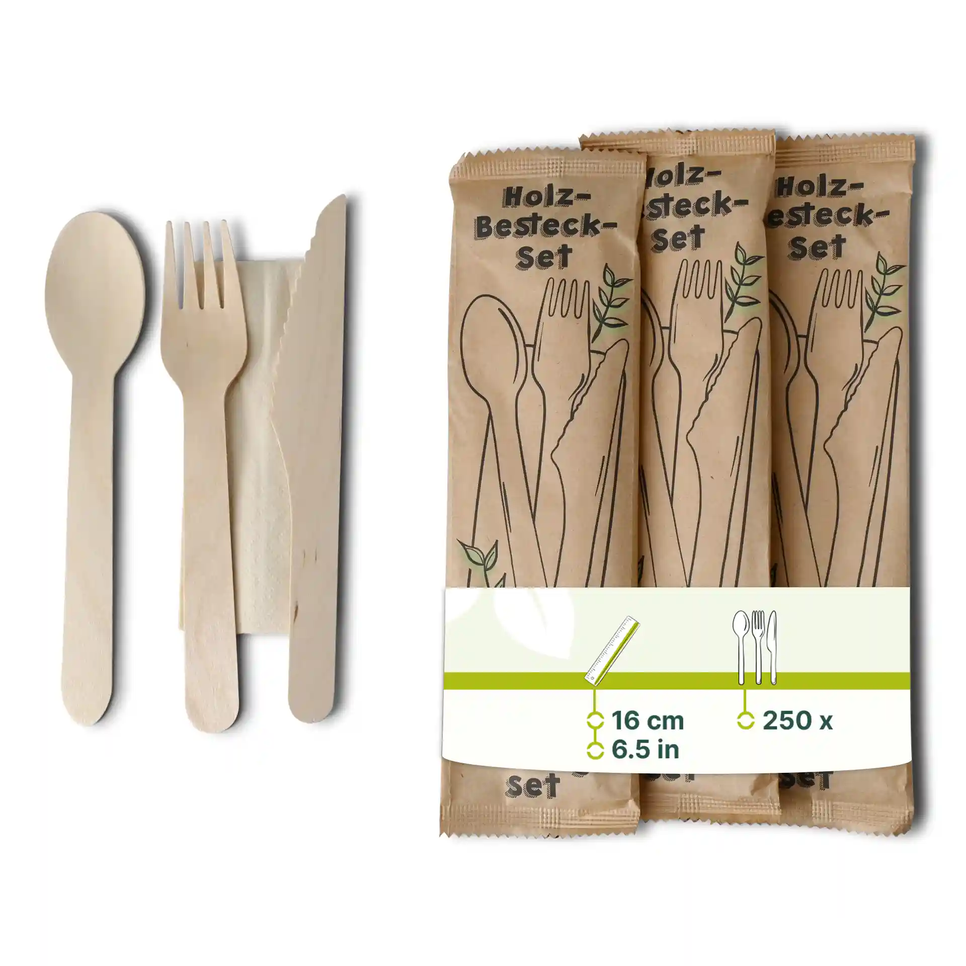 Set di posate in legno composto da un cucchiaio, una forchetta, un coltello e un tovagliolo, confezionato in un involucro marrone.