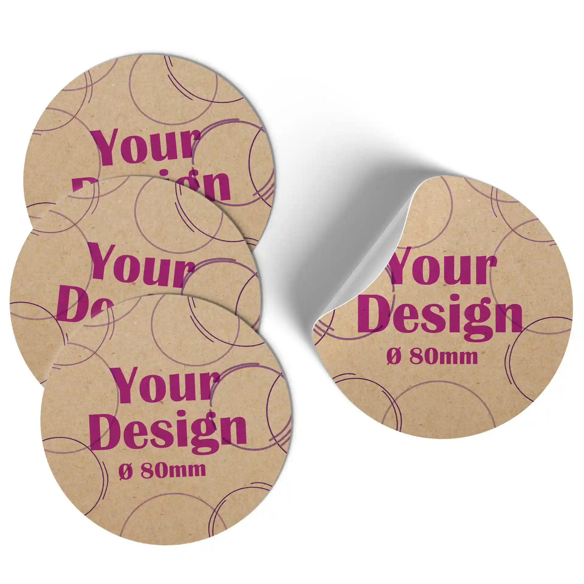 Étiquettes rondes imprimées en papier kraft brun, mesurant 80 mm de diamètre, avec un design de cercles et de texte.