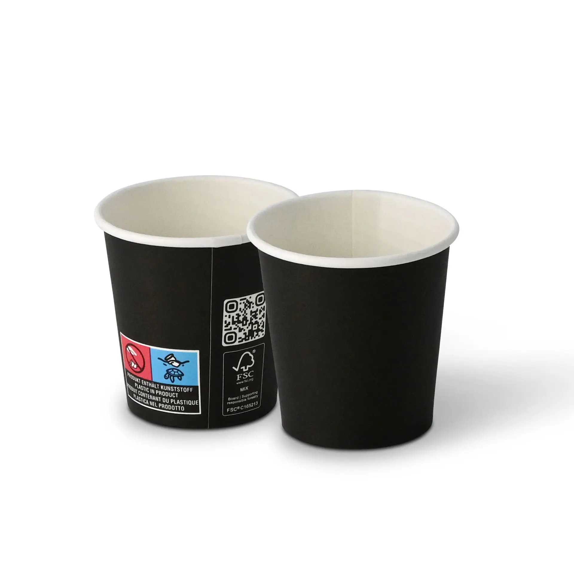 Bicchieri di carta neri con rivestimento PLA, capacità di 100 ml, parete singola, mostrati di lato con interno visibile.
