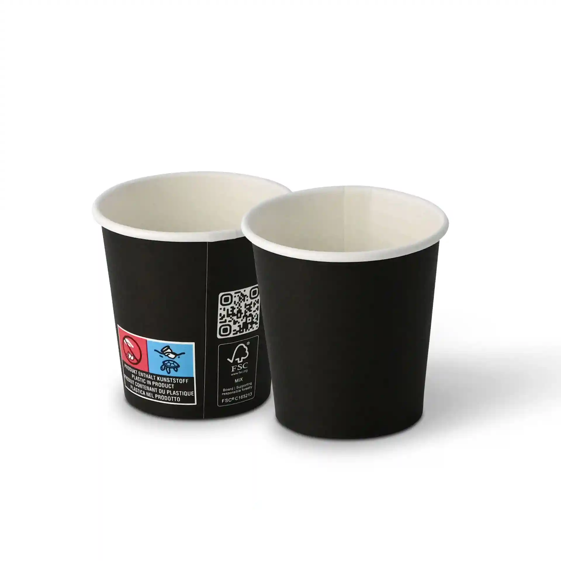 Gobelets en papier noir avec revêtement PLA, capacité de 100 ml, simple paroi, montrés de côté avec intérieur visible.