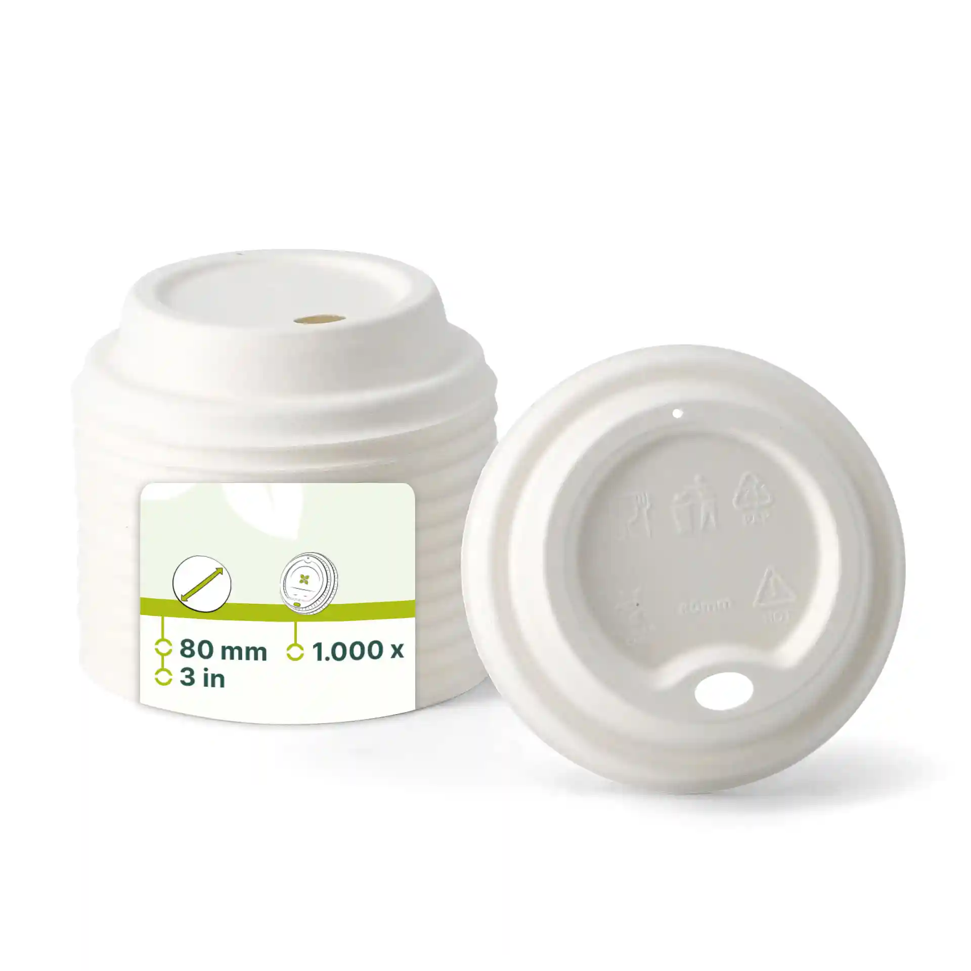 Couvercle en canne à sucre blanc pour gobelets en papier de 80 mm de diamètre et 22 mm de hauteur, vu de côté et de dessus.