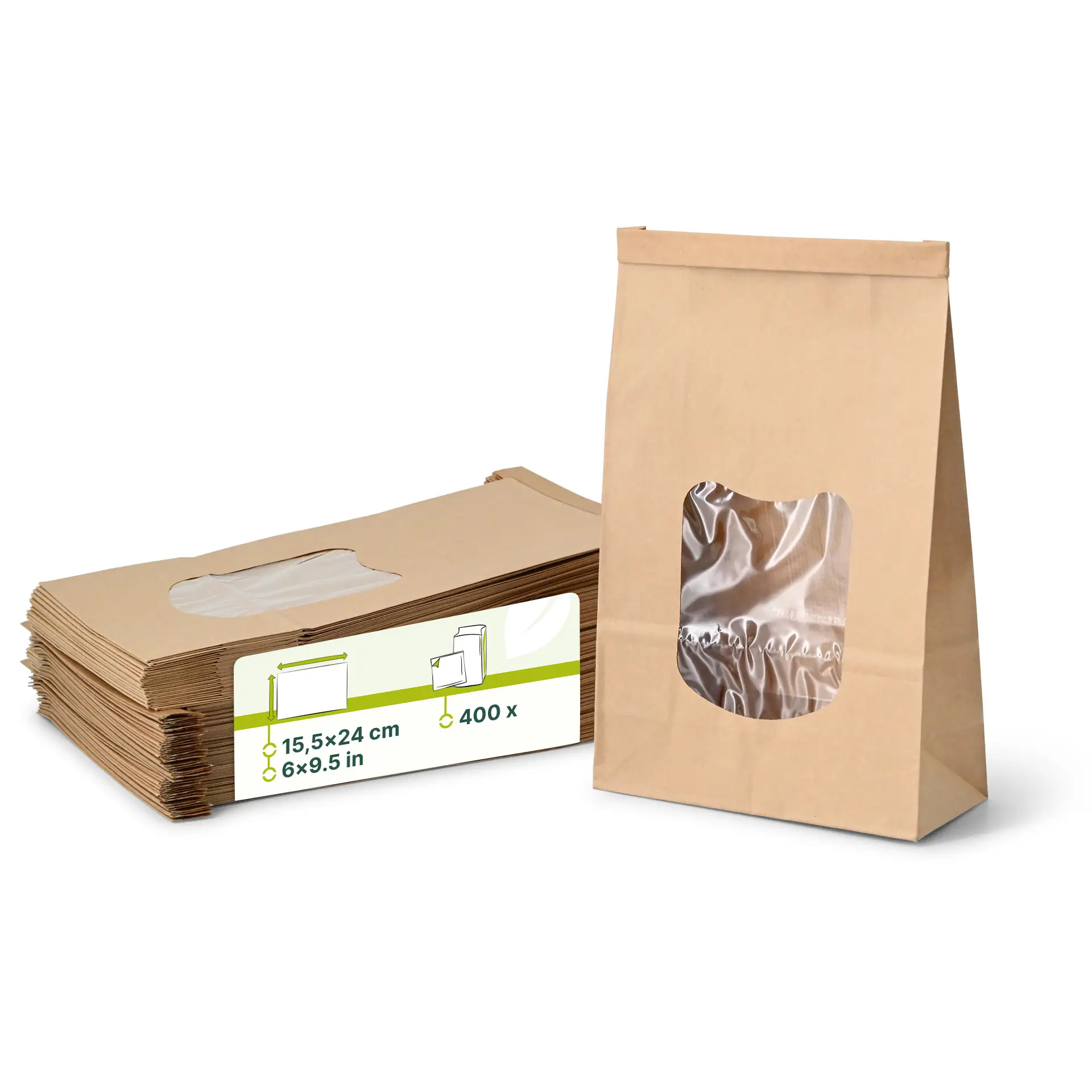 Sac SOS kraft brun L, fenêtre PP et fermeture, 15,5 x 7 x 24 cm dre02750-blockbeutel-m-fenster-l-155-x-7-x-24-cm-pp-folie-braun-clipband-kraftpapier