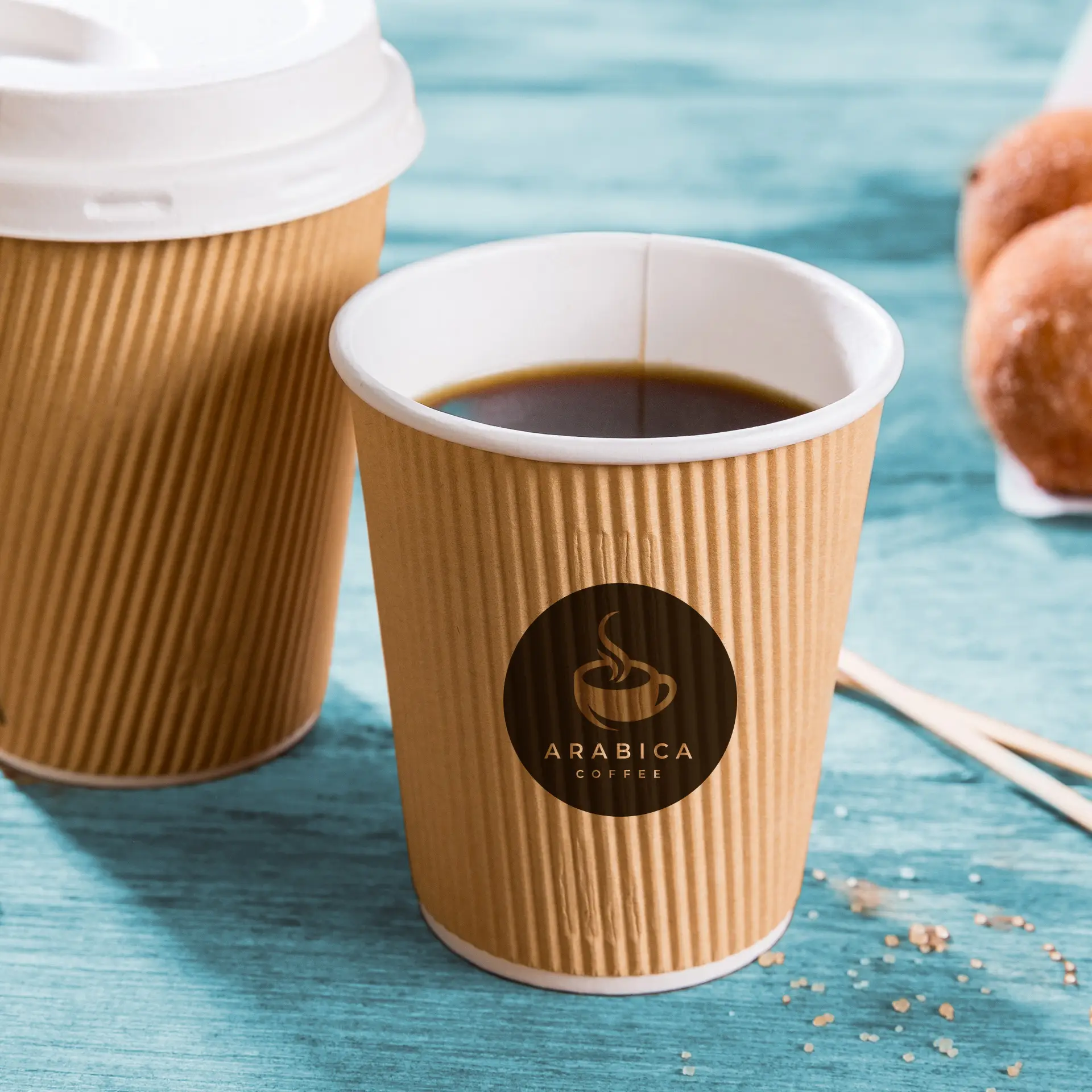 Riffelbecher bedruckt, 200 ml / 8 oz, braun / weiss, PLA-beschichtet