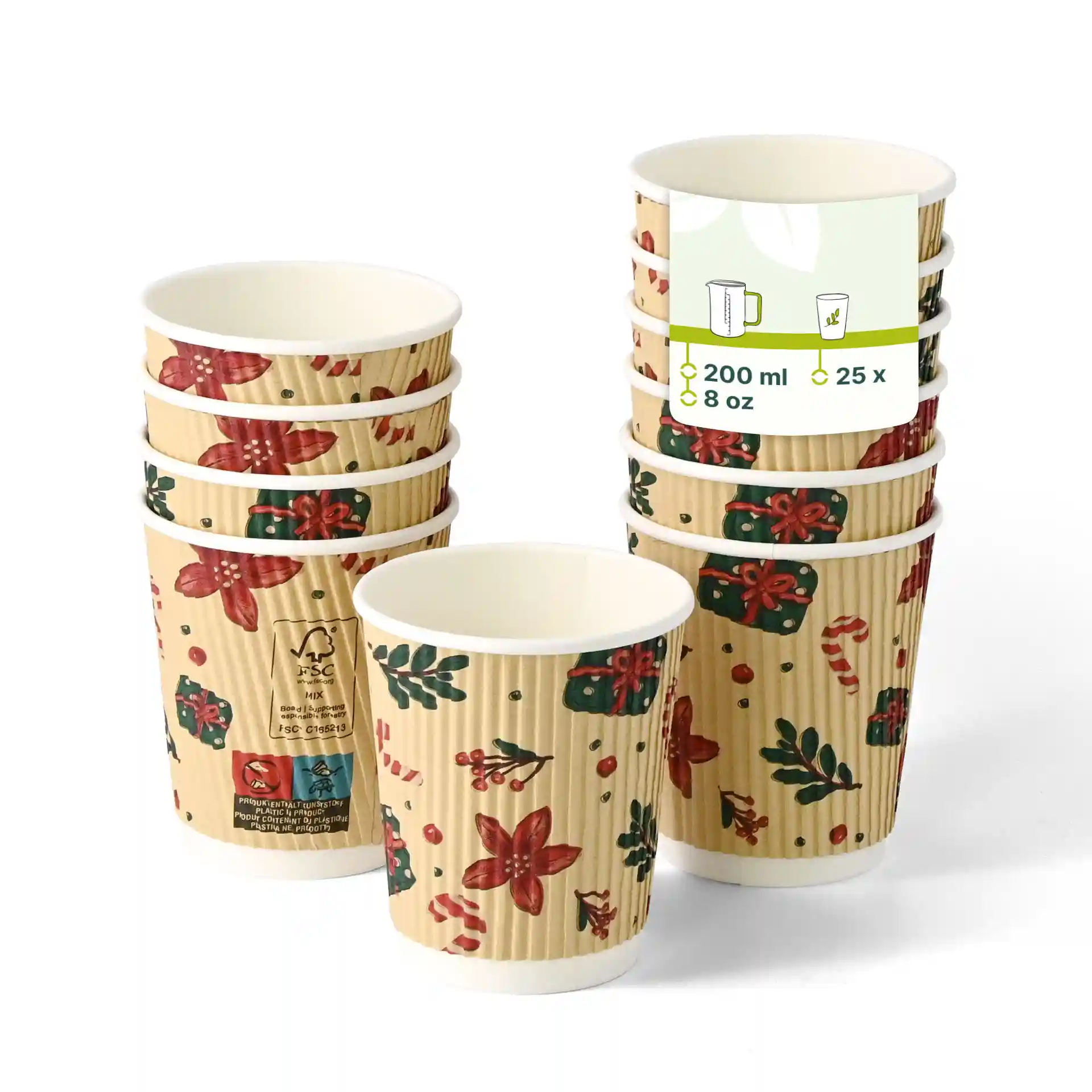 Empilement de huit gobelets de 8 oz avec un design d'hiver, motifs floraux et cadeaux sur fond marron.