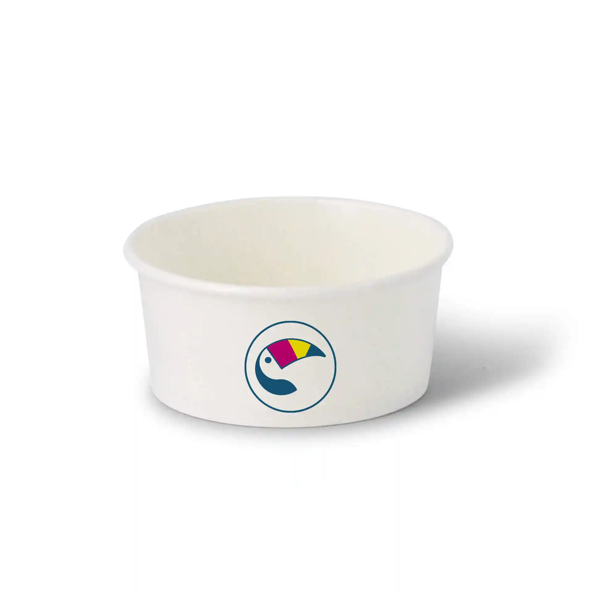Gobelet rond blanc pour glace avec logo, capacité de 100 ml, en carton, présenté sur un fond uni.