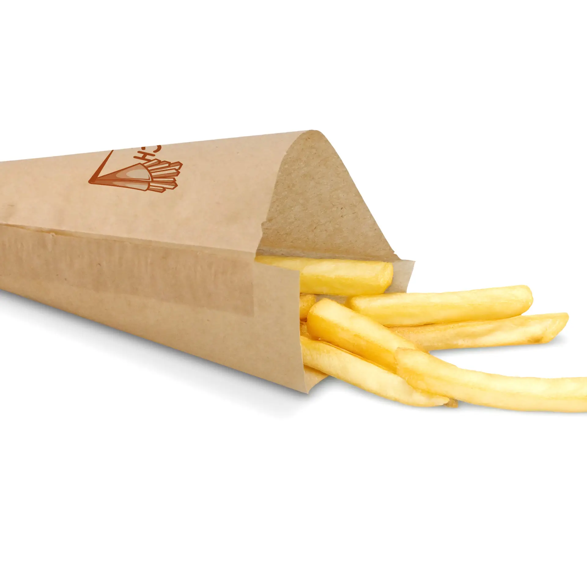 Sacchetto di carta marrone a cono con patatine fritte parzialmente visibili, progettato per l'uso da asporto, dimensioni 19 x 19 cm.