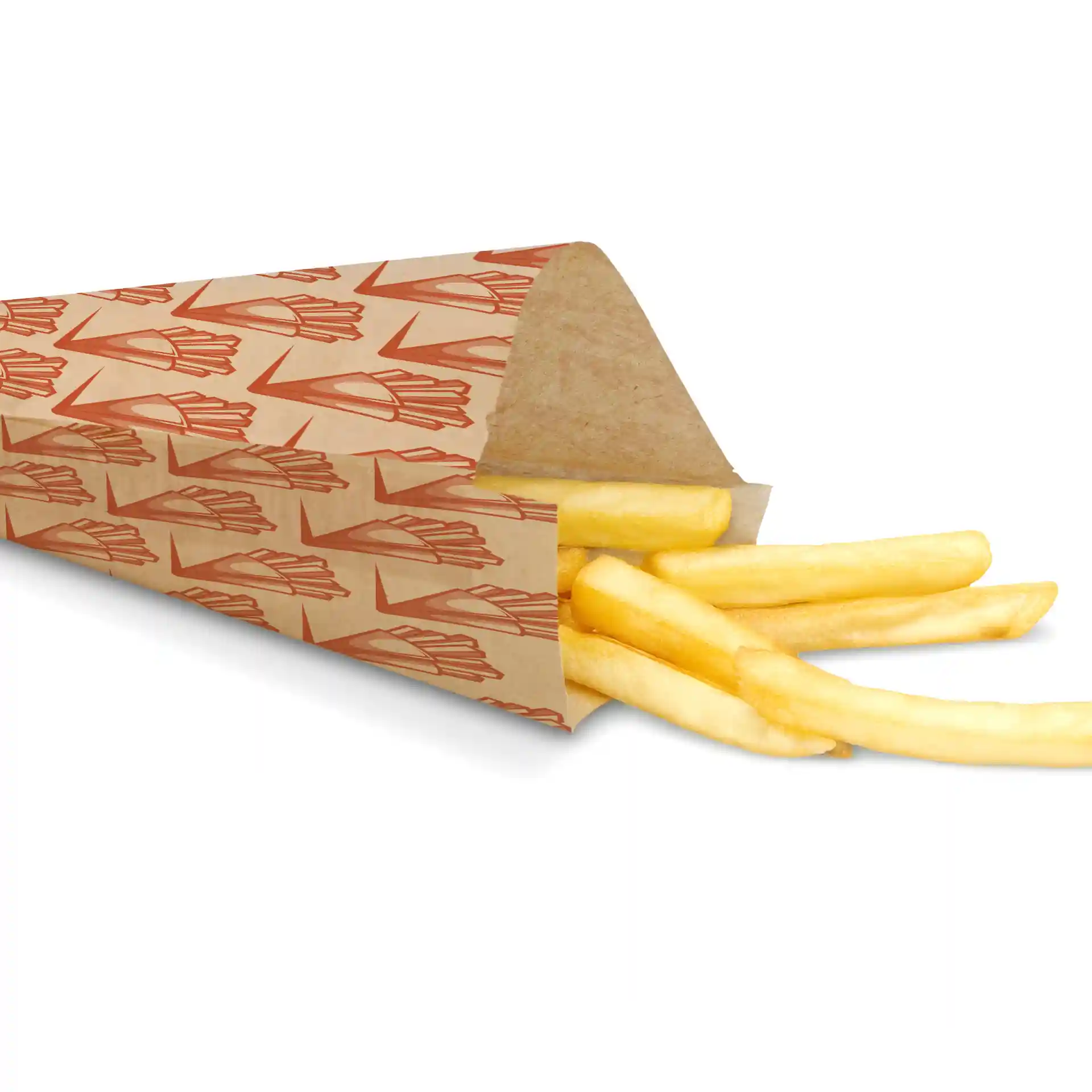 Brauner bedruckter Papierbecher zum Servieren von Pommes Frites, mit teilweise sichtbaren Pommes darin.