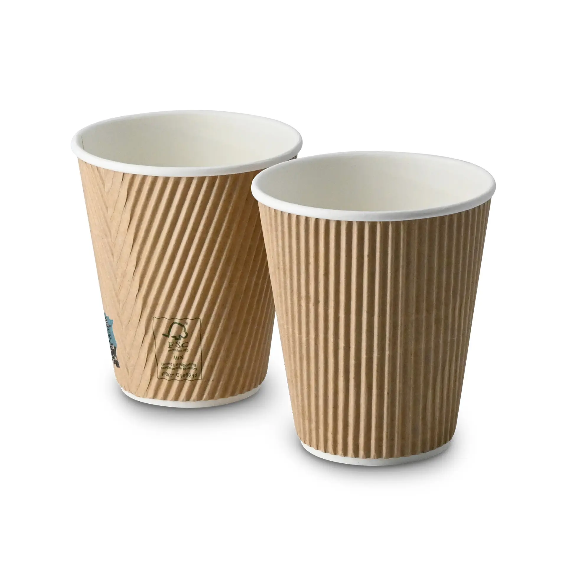 Zwei isolierte Kaffeebecher mit 295 ml; braune gerippte Außenseite, weiße Innenseite, geeignet für heiße Getränke.