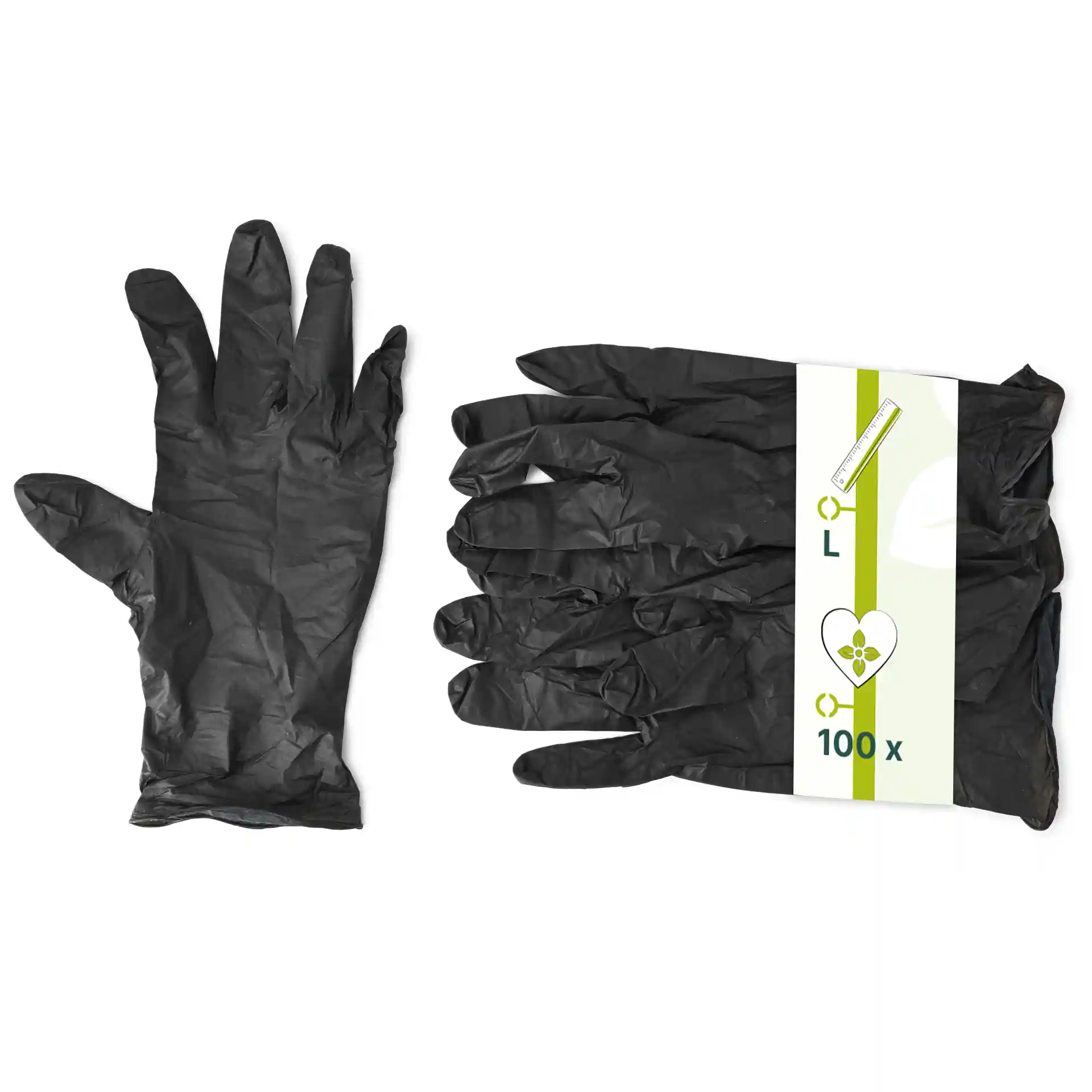 Gants en nitrile noirs, taille L, avec un gant montré séparément et un paquet de plusieurs gants affiché.