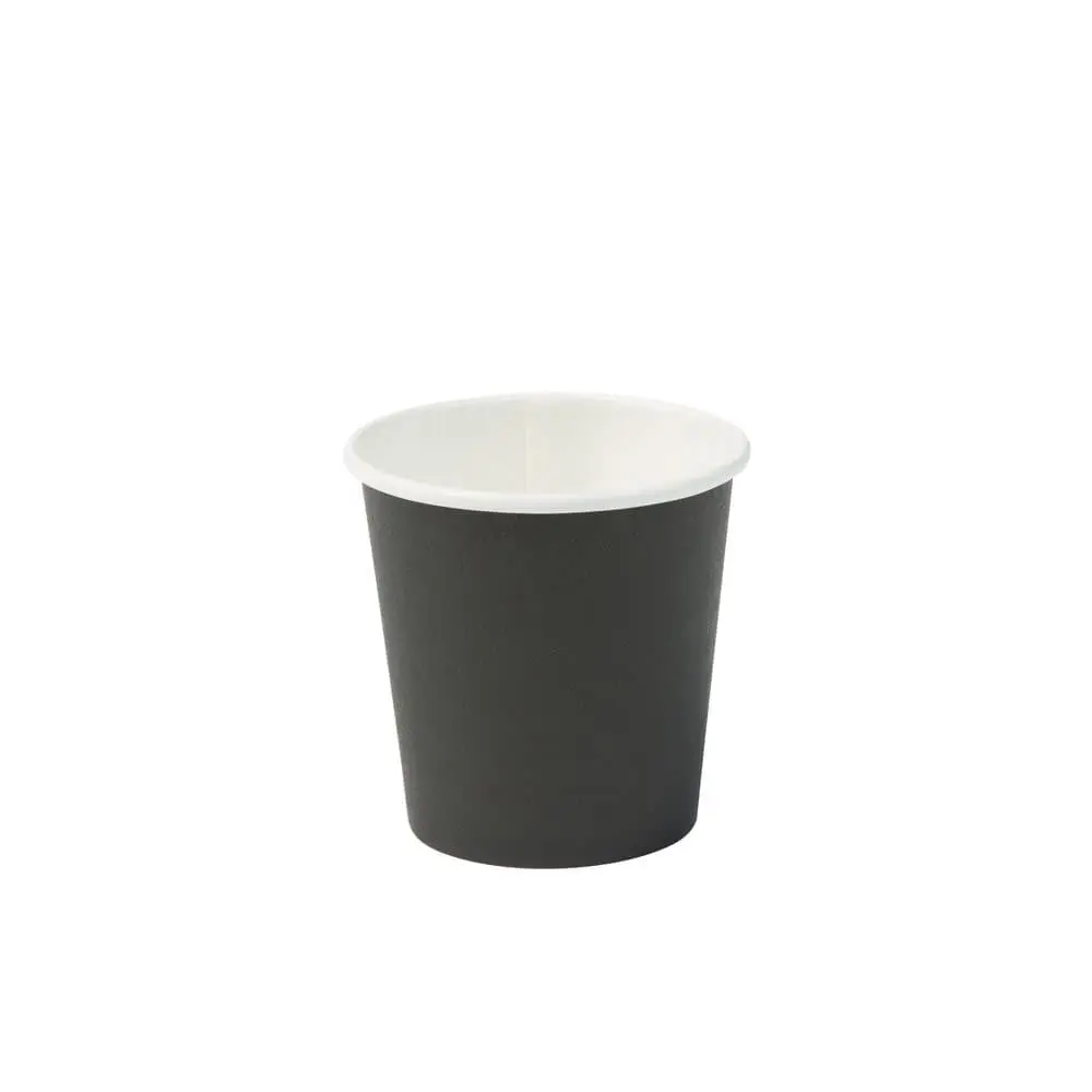 Gobelet en papier noir à paroi simple avec revêtement en PLA, capacité de 100 ml, adapté pour boissons chaudes et froides.