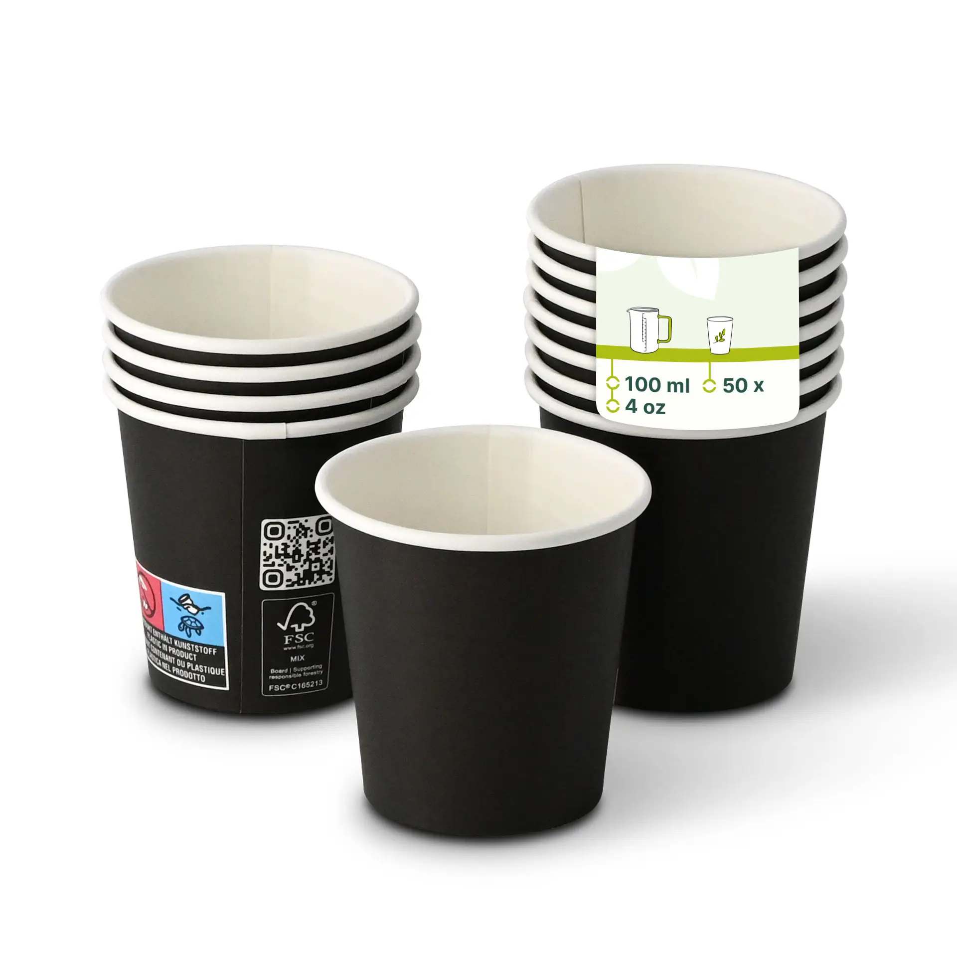 Gobelet en papier noir à paroi simple avec revêtement en PLA, capacité de 100 ml, adapté pour boissons chaudes et froides.