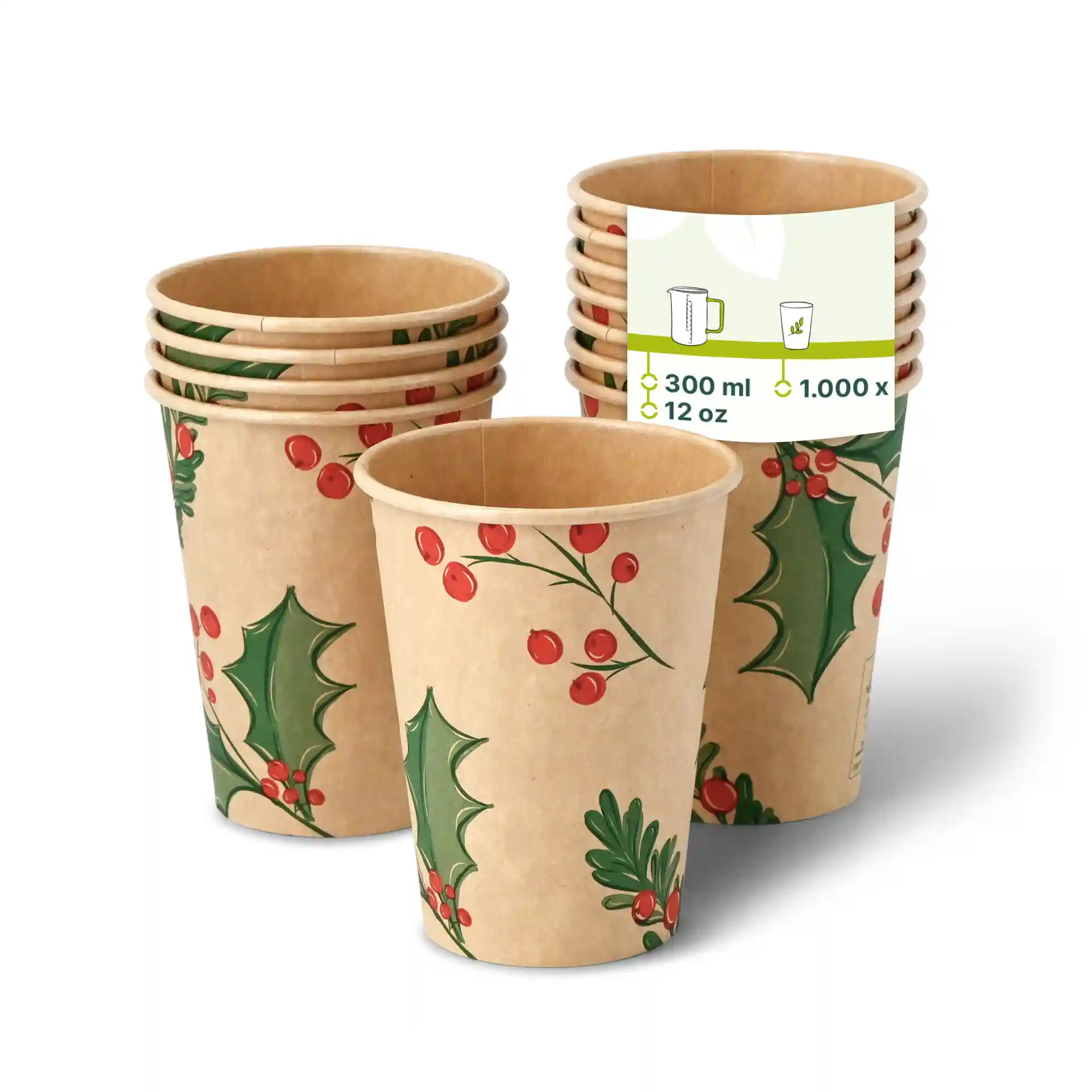 Pila di bicchieri di cartone non sbiancati con design invernali, con agrifoglio e bacche, capacità di 12 oz.