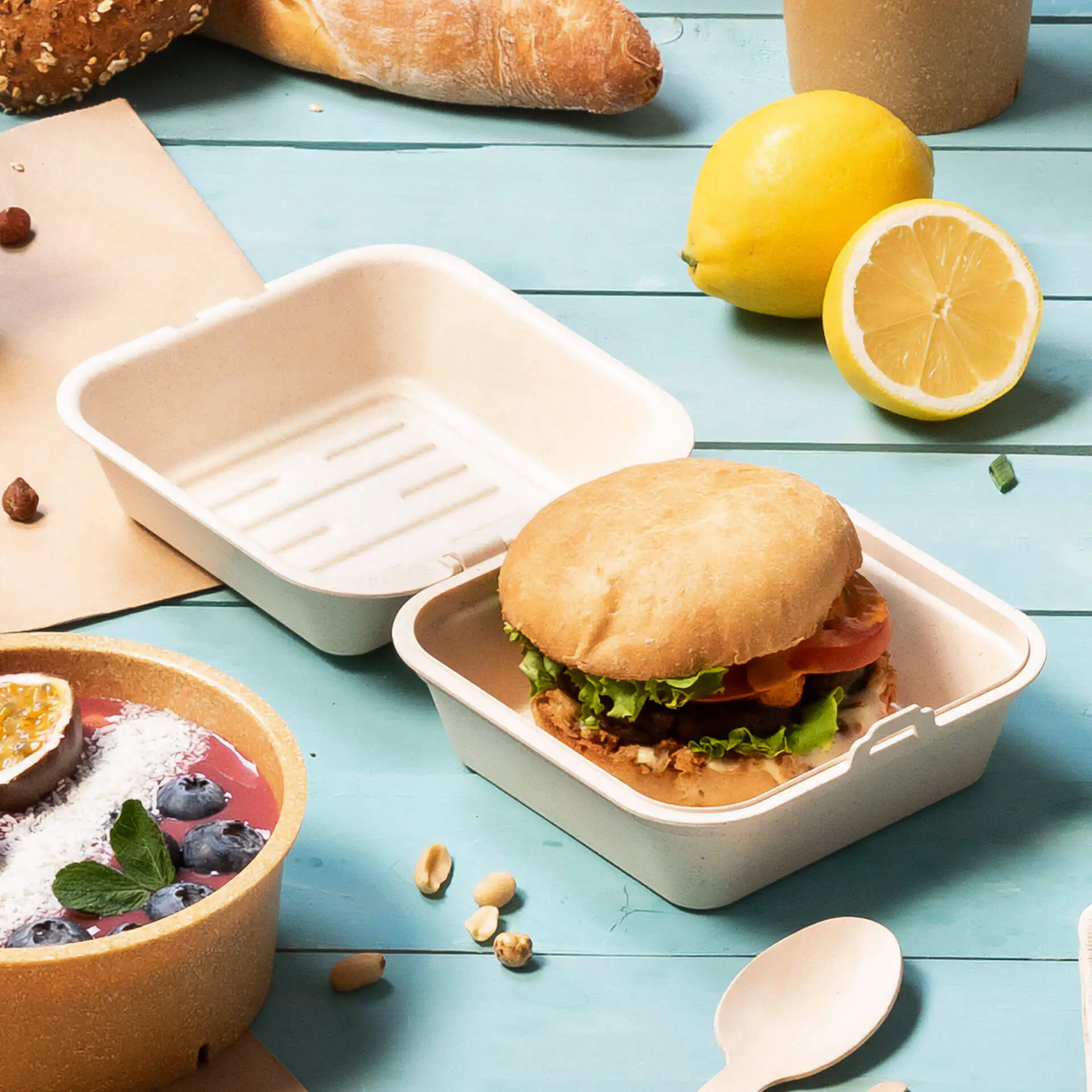 Mehrweg Burgerboxen "merways Box" 16 x 15 x 8,5 cm, Cashew / creme-weiss Mehrweg Burgerboxen "merways Box" 16 x 15 x 8,5 cm, Cashew / creme-weiss