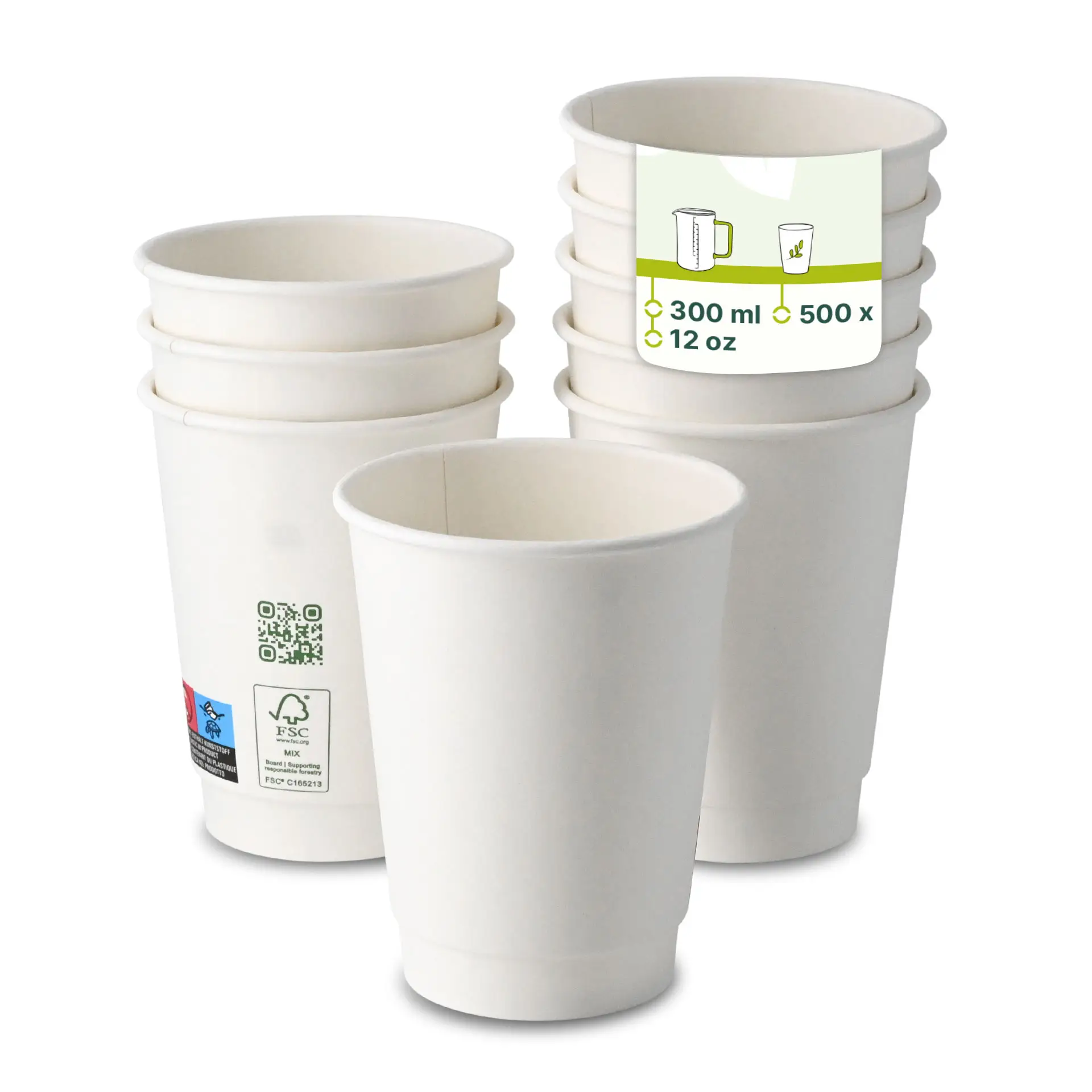 Kaffee to go Becher, 300 ml / 12 oz, Ø 90 mm, doppelwandig, weiss, PLA-beschichtet