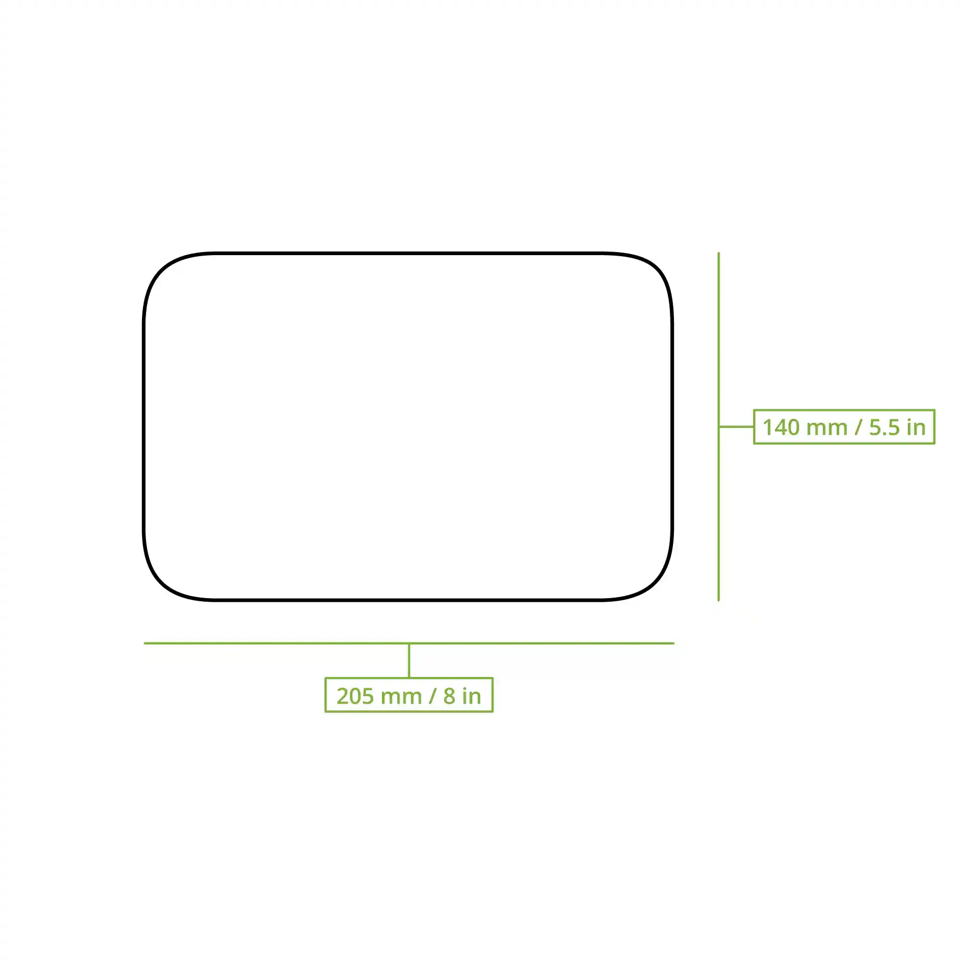 Schematische Zeichnung eines rechteckigen Deckels mit den Abmessungen 205 mm x 140 mm.