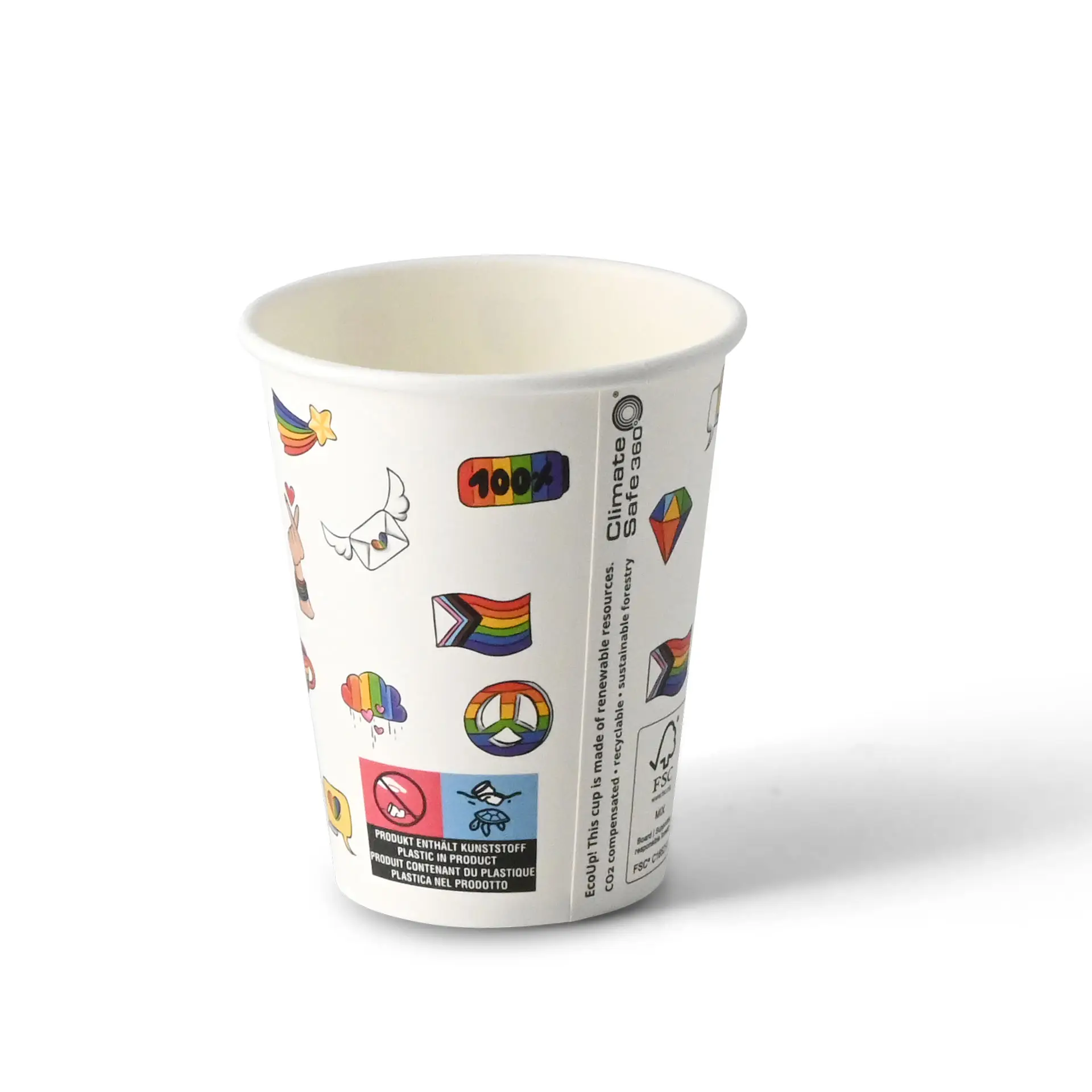 Pappbecher bedruckt "Pride" (beschichtet) 200 ml / 8 oz, Ø 80 mm, weiss