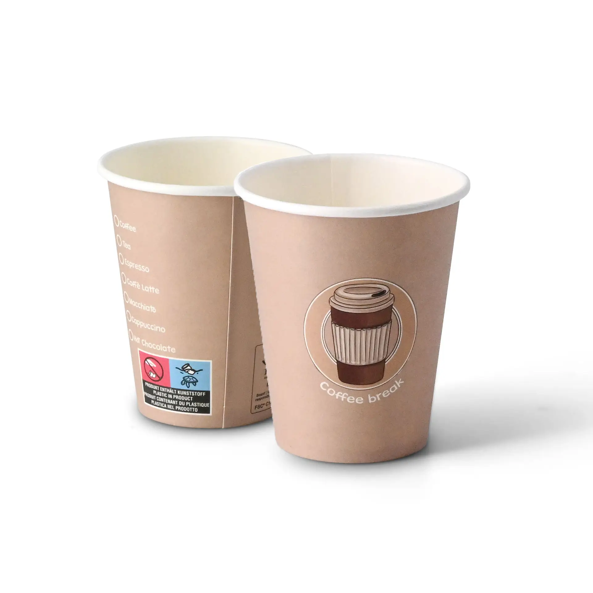 Un gobelet en papier blanc de 8 oz imprimé "Coffeebreak"; un gobelet similaire visible, tous deux adaptés aux boissons chaudes et froides.