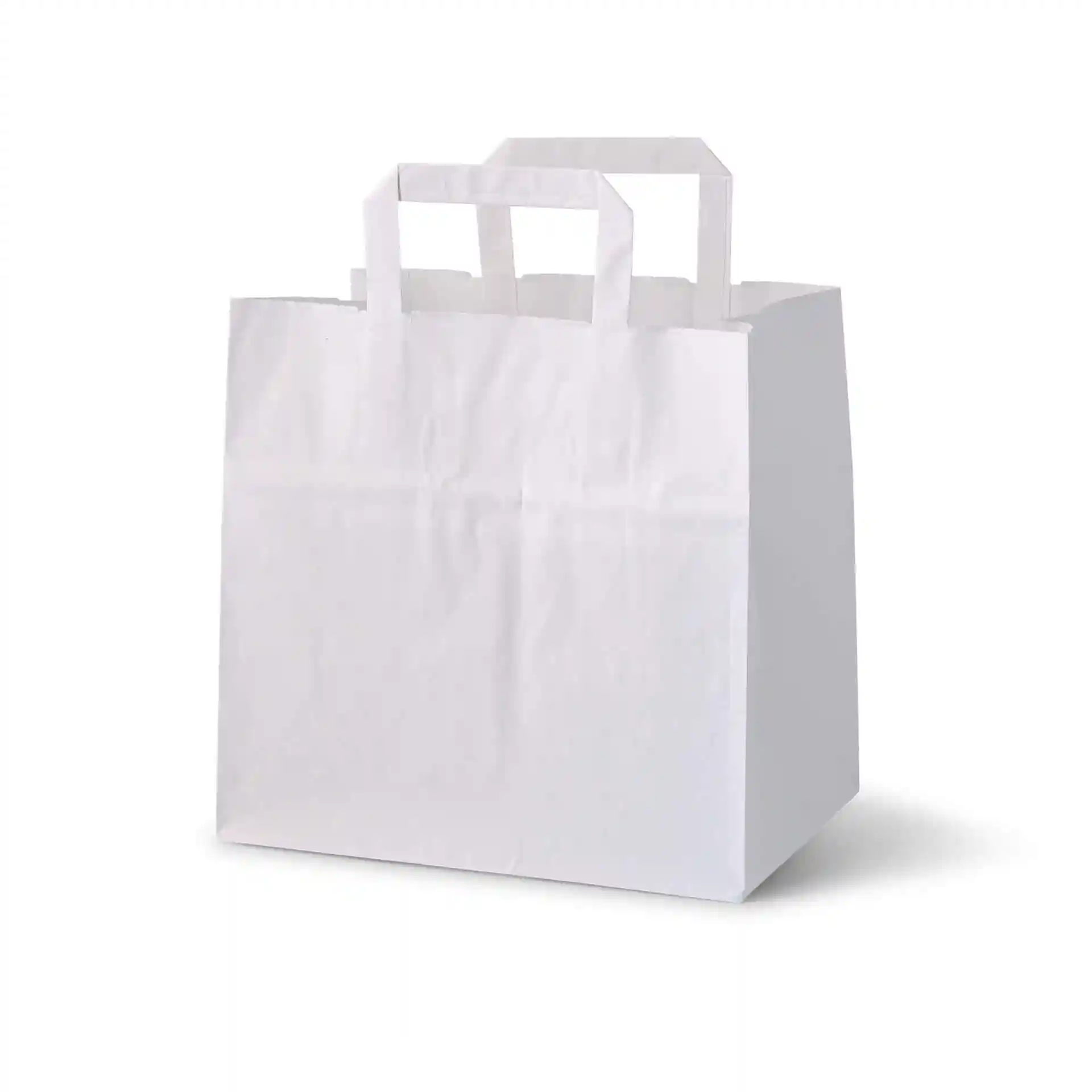 Borsa in carta kraft bianca con due manici, dimensioni 26 x 17 x 25 cm.