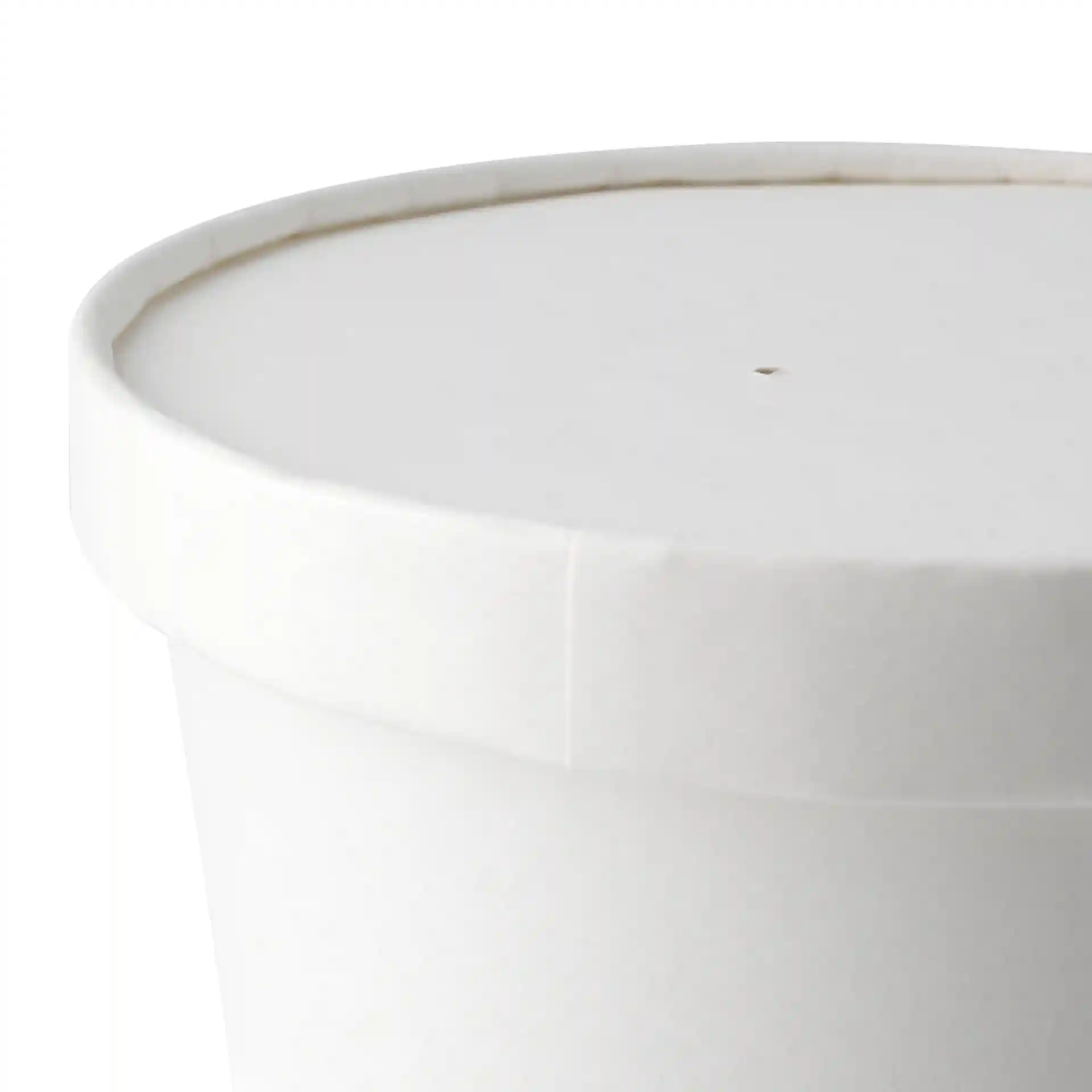 Coperchio rotondo in cartone bianco con un diametro di 150 mm e un piccolo foro al centro.