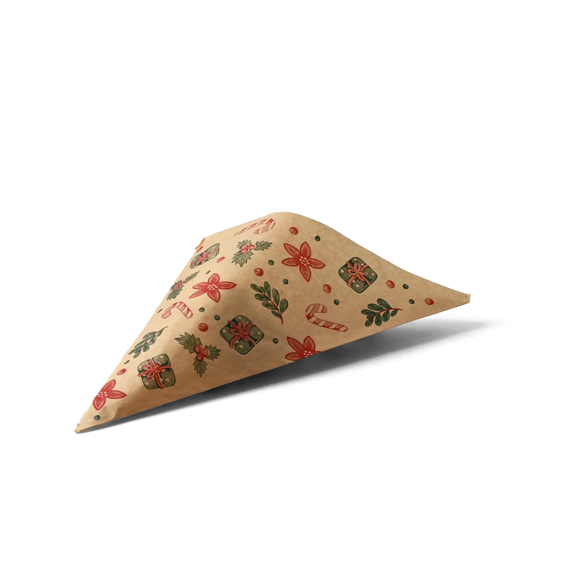 Sac en papier brun résistant à la graisse avec un design hivernal, fleurs rouges, cadeaux et cannes en sucre, mesurant 23 x 23 cm.
