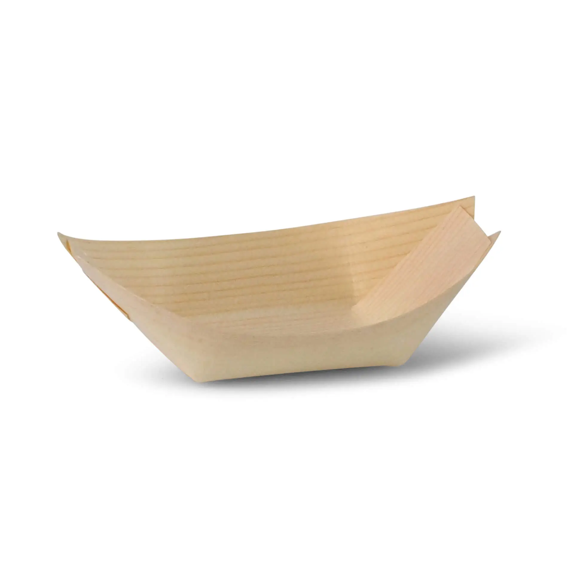 Bootsförmiger Behälter aus braunem Holz, 11 cm lang, 7 cm breit und 3,2 cm hoch.