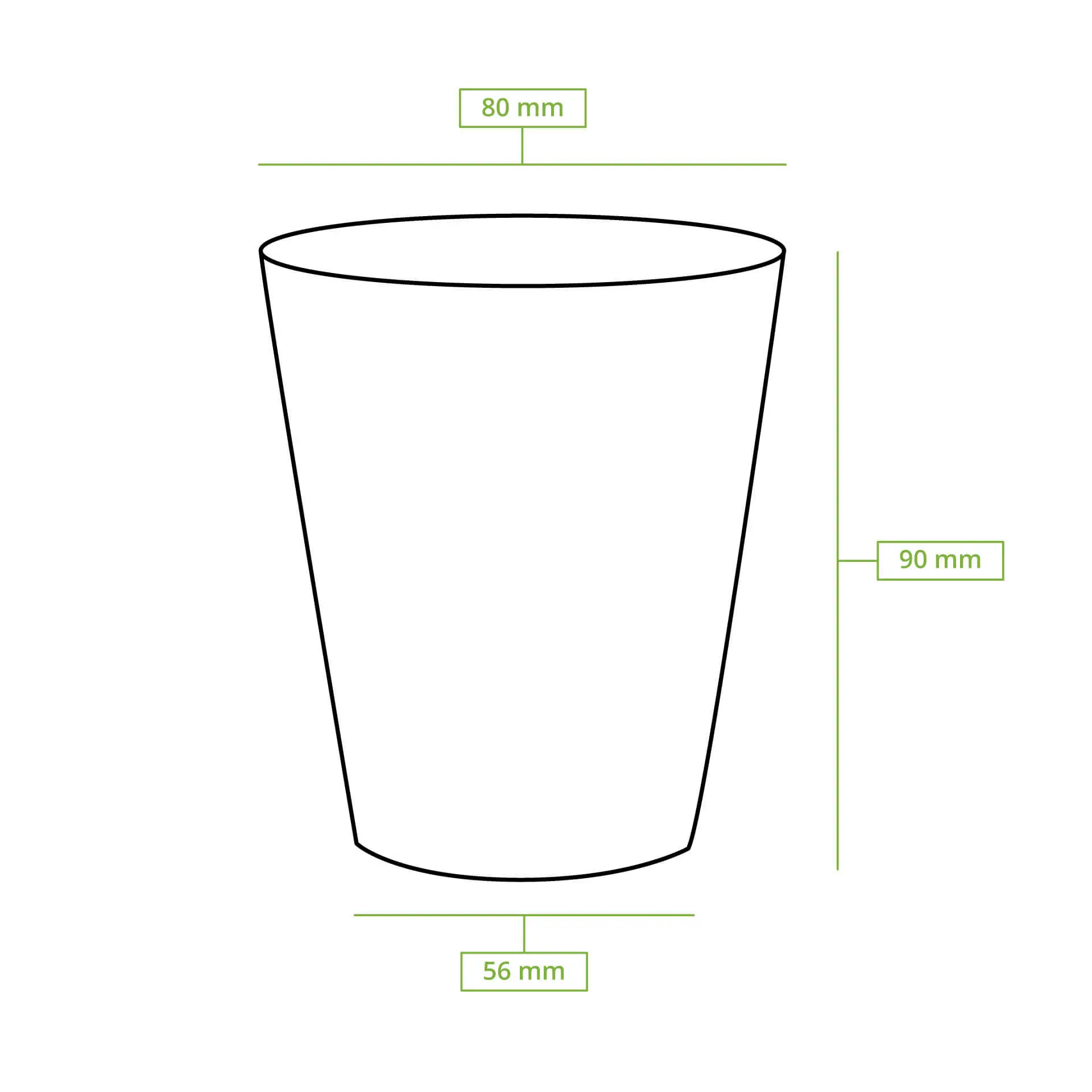 Dessin schématique d'un gobelet avec dimensions : hauteur 90 mm, diamètre supérieur 80 mm, diamètre inférieur 56 mm.