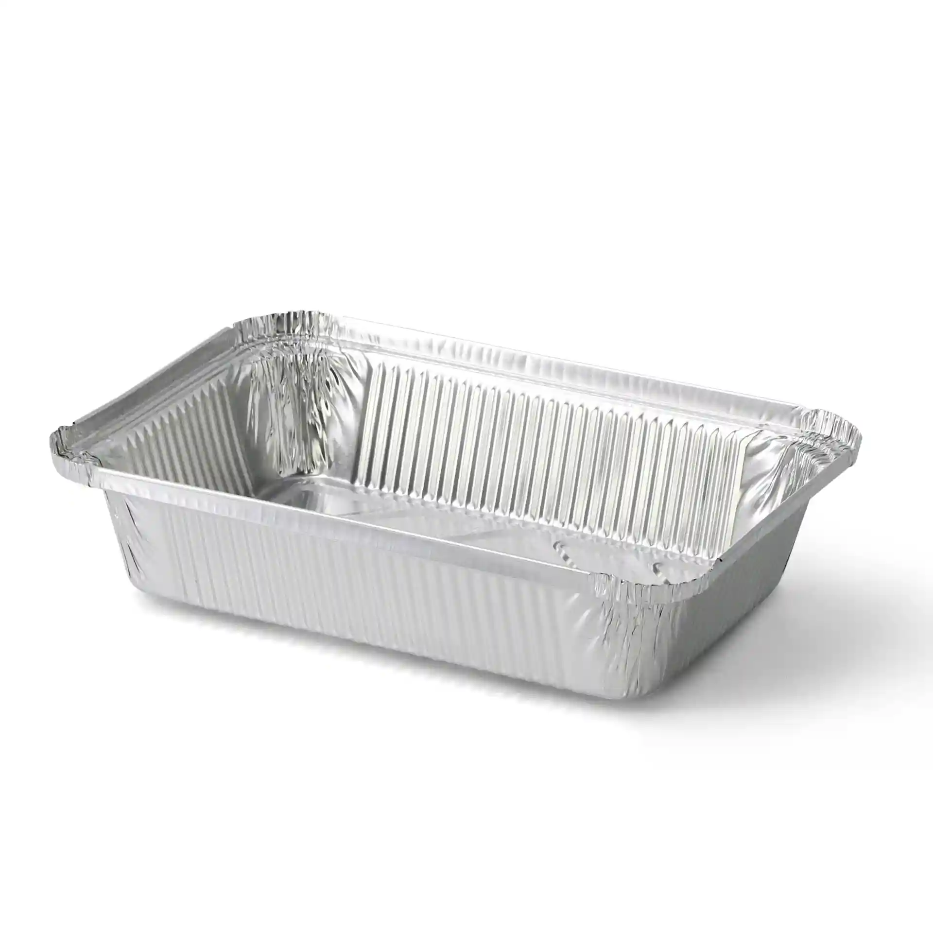 Rechteckiger Aluminiumbehälter mit den Maßen 21,4 x 14,9 x 4,3 cm, glänzende Oberfläche und gerippte Seiten.