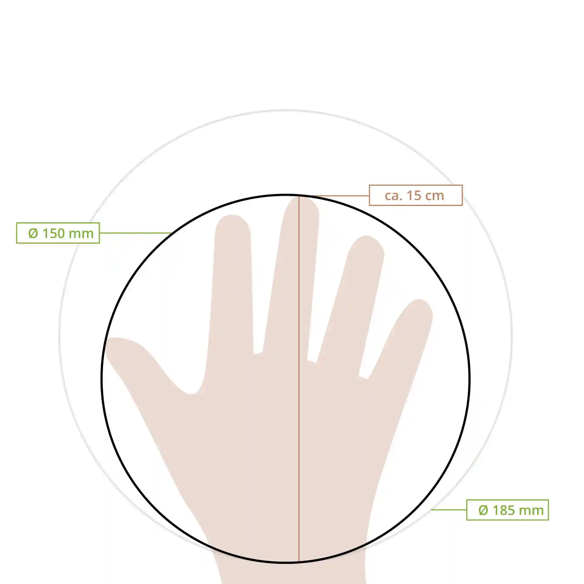 Disegno schematico di una mano all'interno di un cerchio con marcature di diametro di 150 mm e 185 mm su uno sfondo semplice.