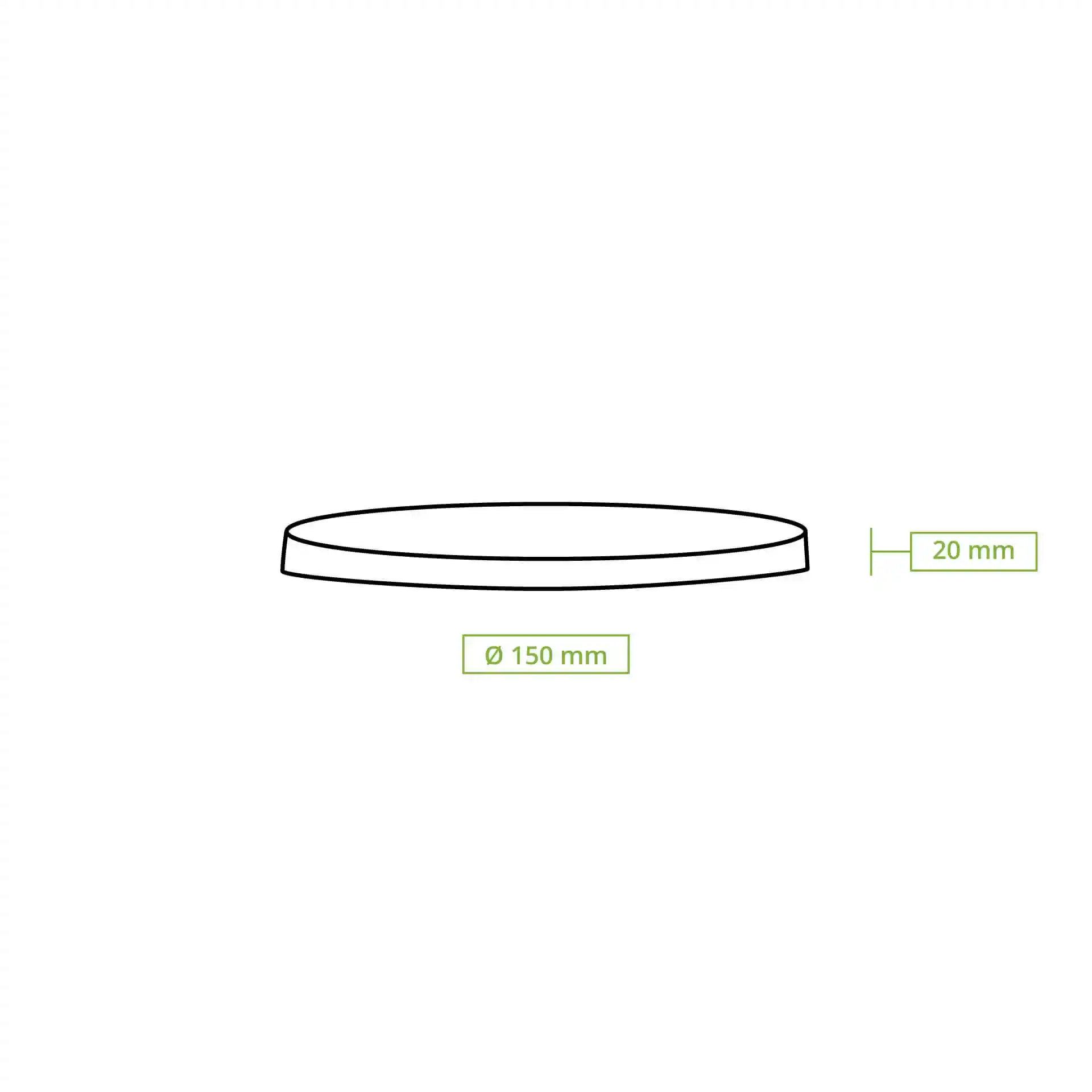 Disegno schematico di un coperchio in PLA trasparente con un diametro di 150 mm e un'altezza di 20 mm.