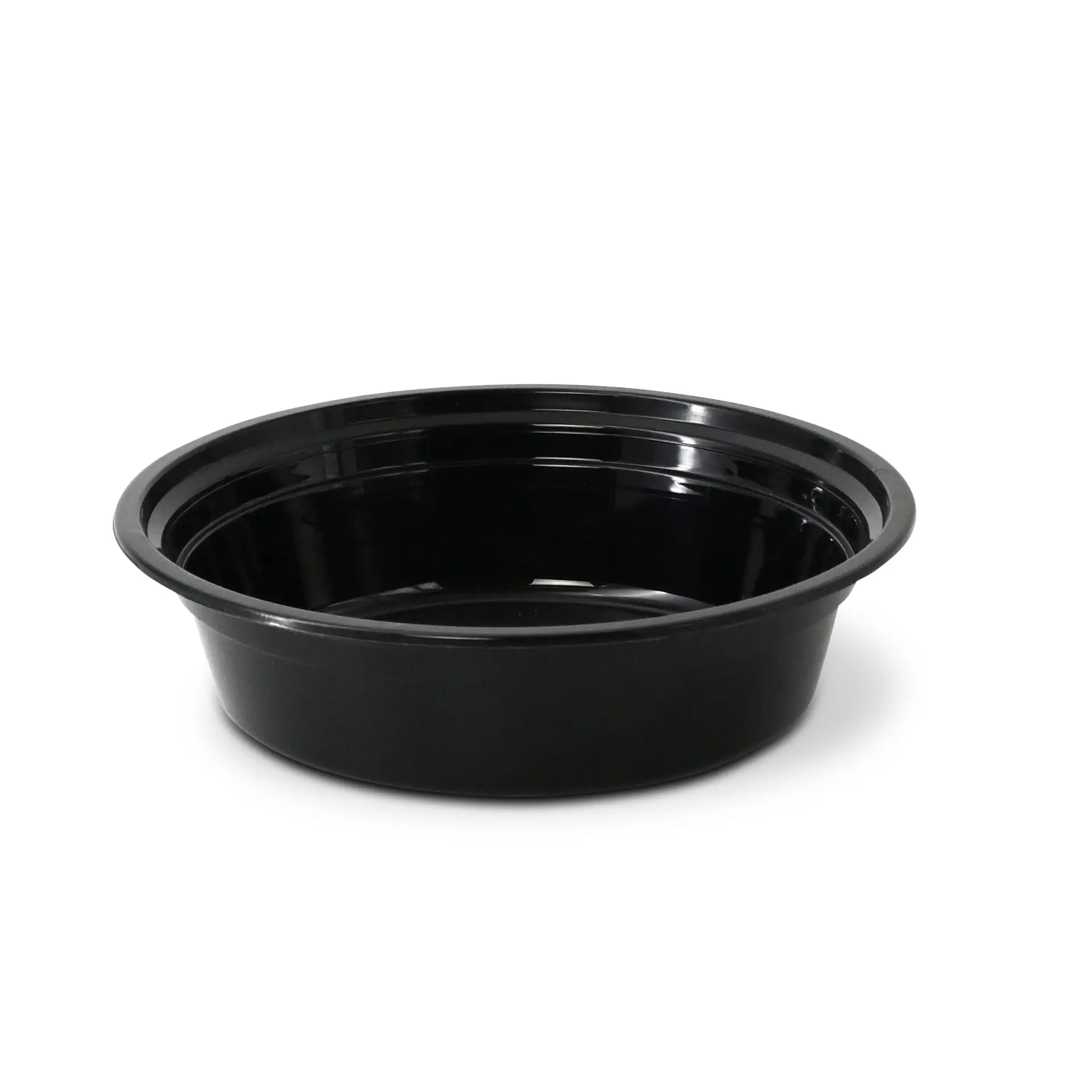 Assiette ronde noire réutilisable en PP, 450 ml ; adaptée aux plats chauds et froids, micro-ondable et lavable au lave-vaisselle.