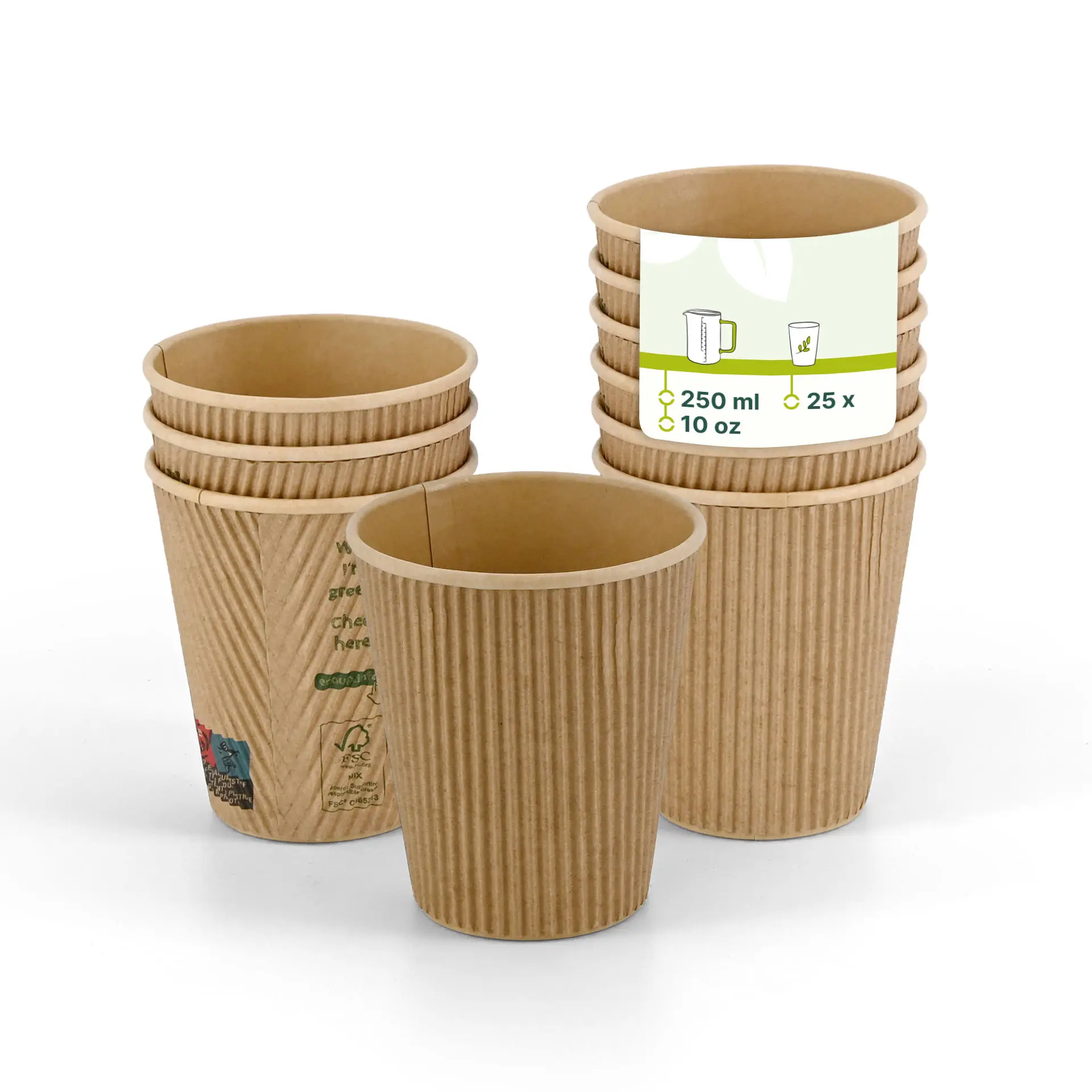 Gobelets en carton jetables à triple paroi marron avec texture rainurée, conçus pour les boissons chaudes, empilés avec une étiquette.
