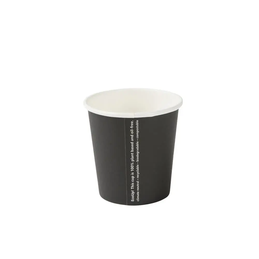 Gobelet en papier noir à simple paroi pour boissons chaudes et froides, 100 ml, enduit de PLA, biodégradable et compostable.