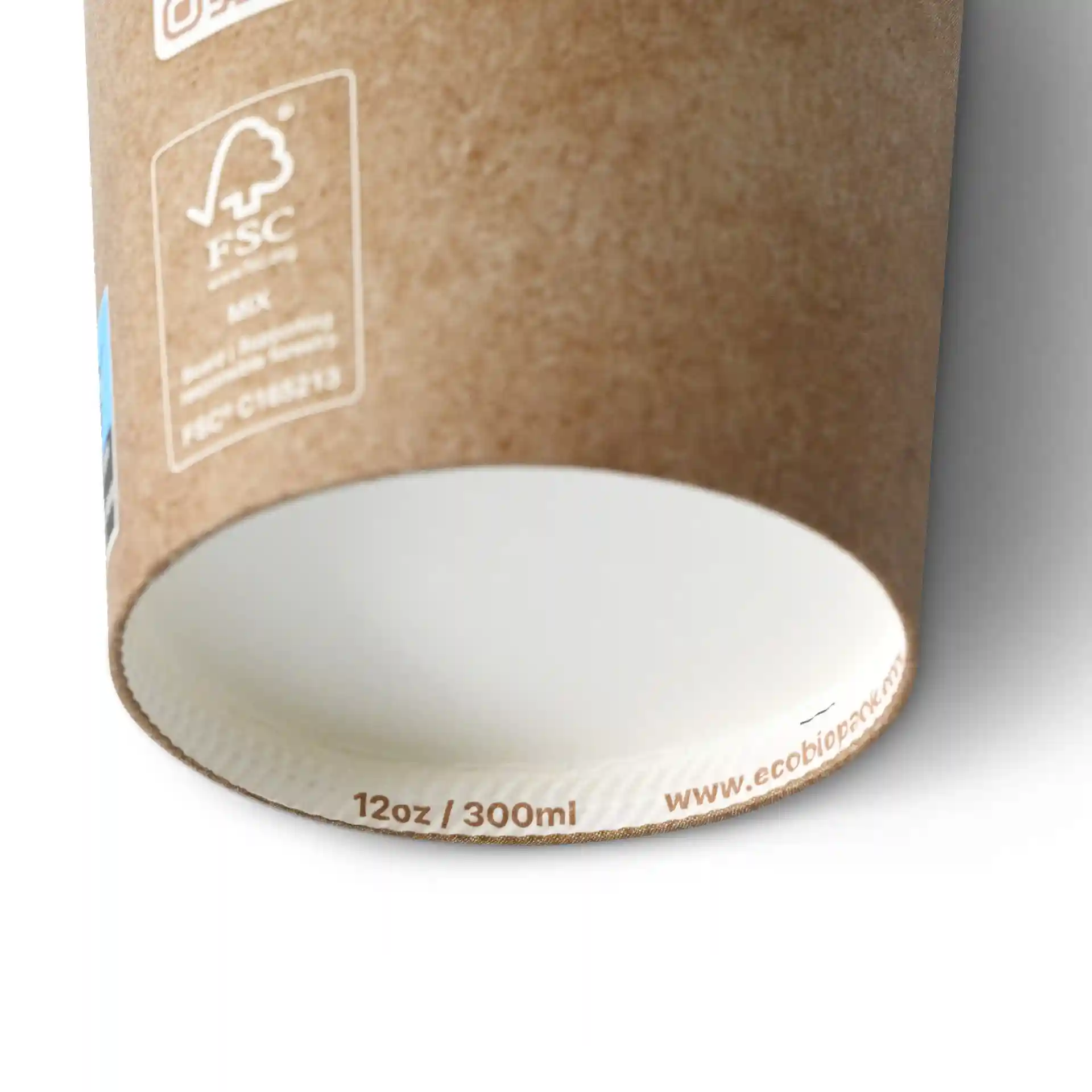 Pappbecher 300 ml / 12 oz, Ø 90 mm, einwandig, braun / innen weiss, PLA-beschichtet