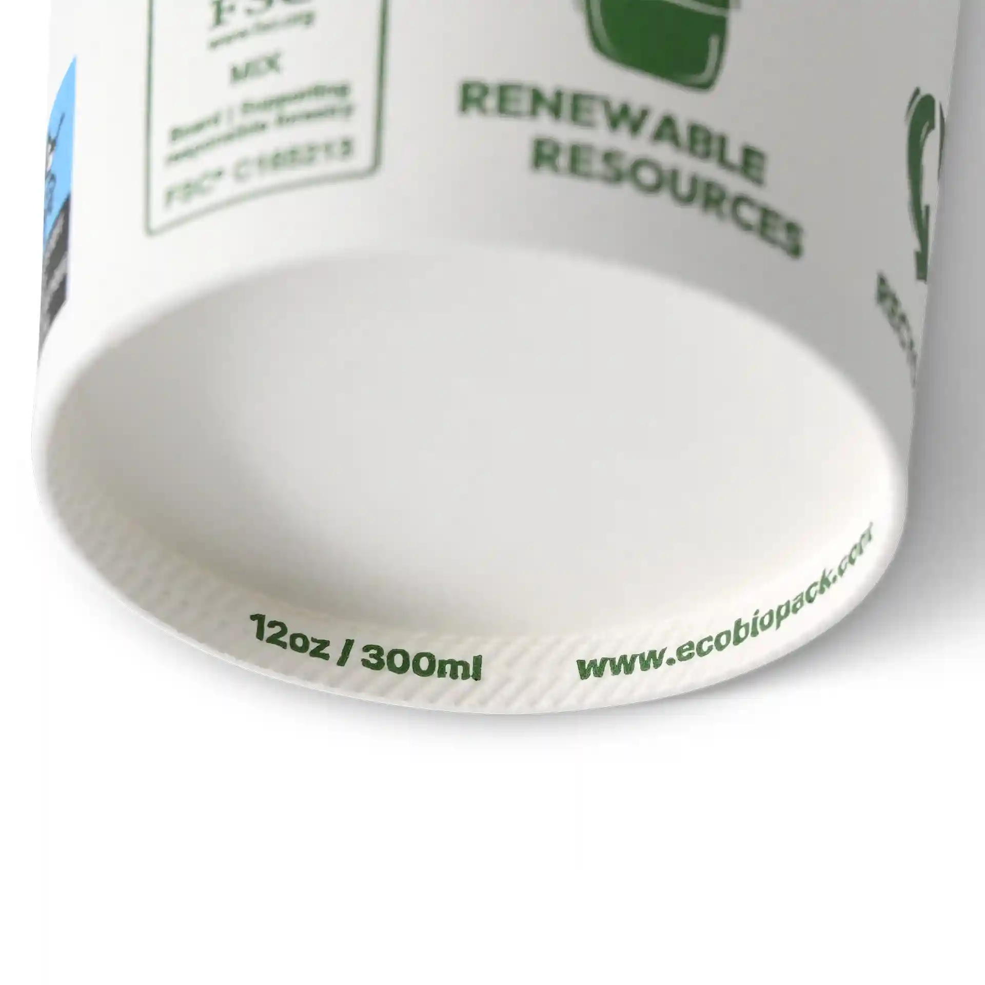 Pappbecher 300 ml / 12 oz, Ø 90 mm, "EcoUp©"- Icons, einwandig, weiss, PLA-beschichtet